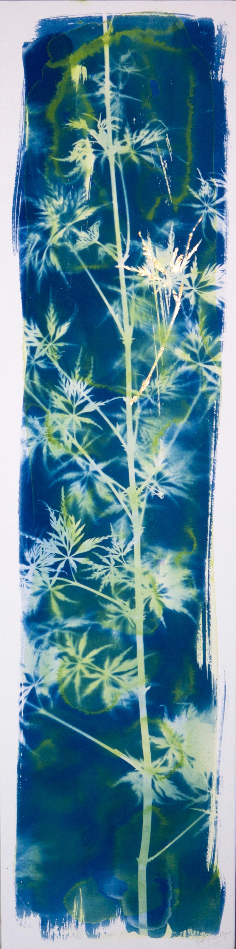 'The Sap is Rising!' Contemporary green blue gold spring maple leaves natural - Painting by Sophia Milligan