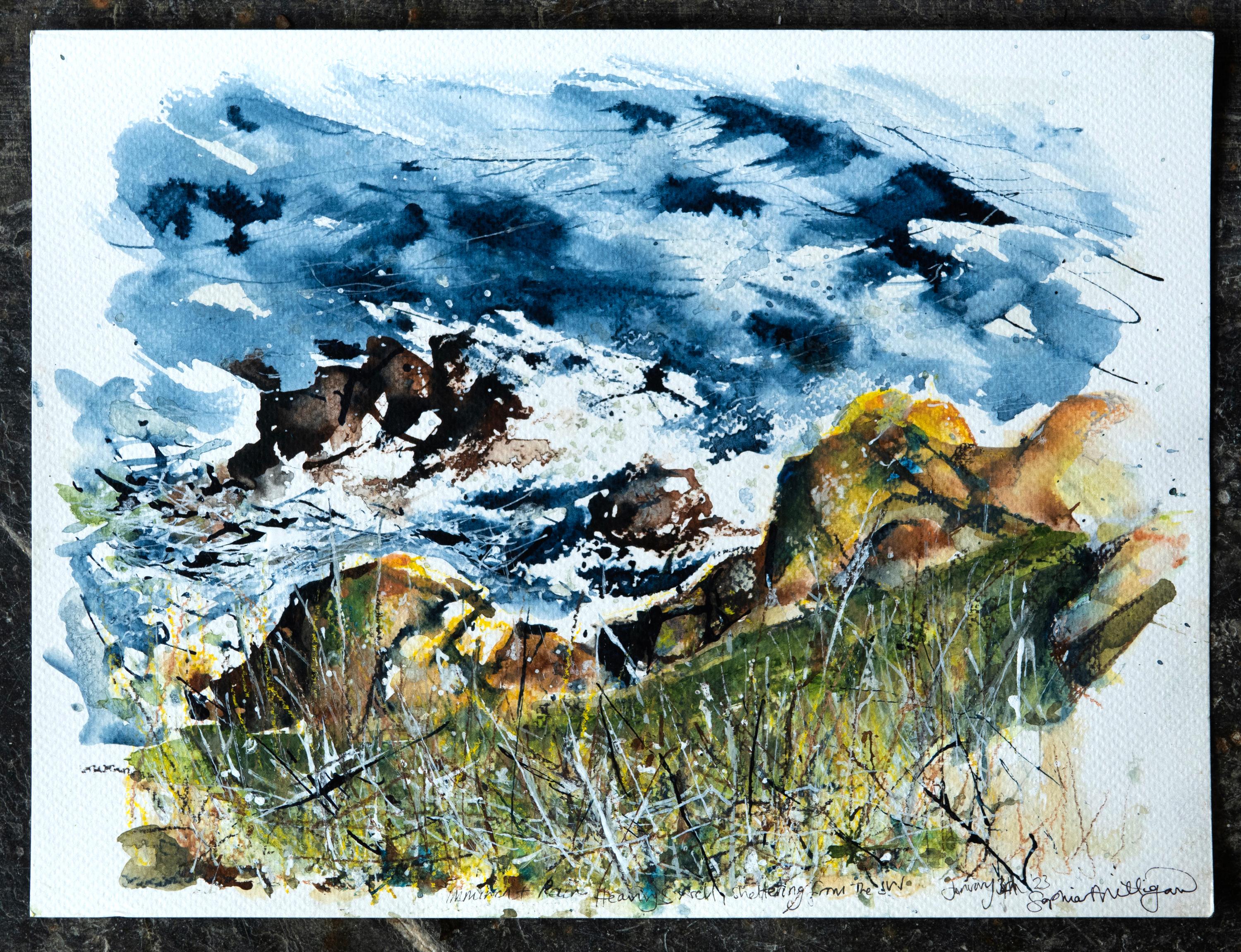 « Vers le Scathe Cove ». Paysage contemporain, rural, mer, océan, bleu de plage - Art de Sophia Milligan