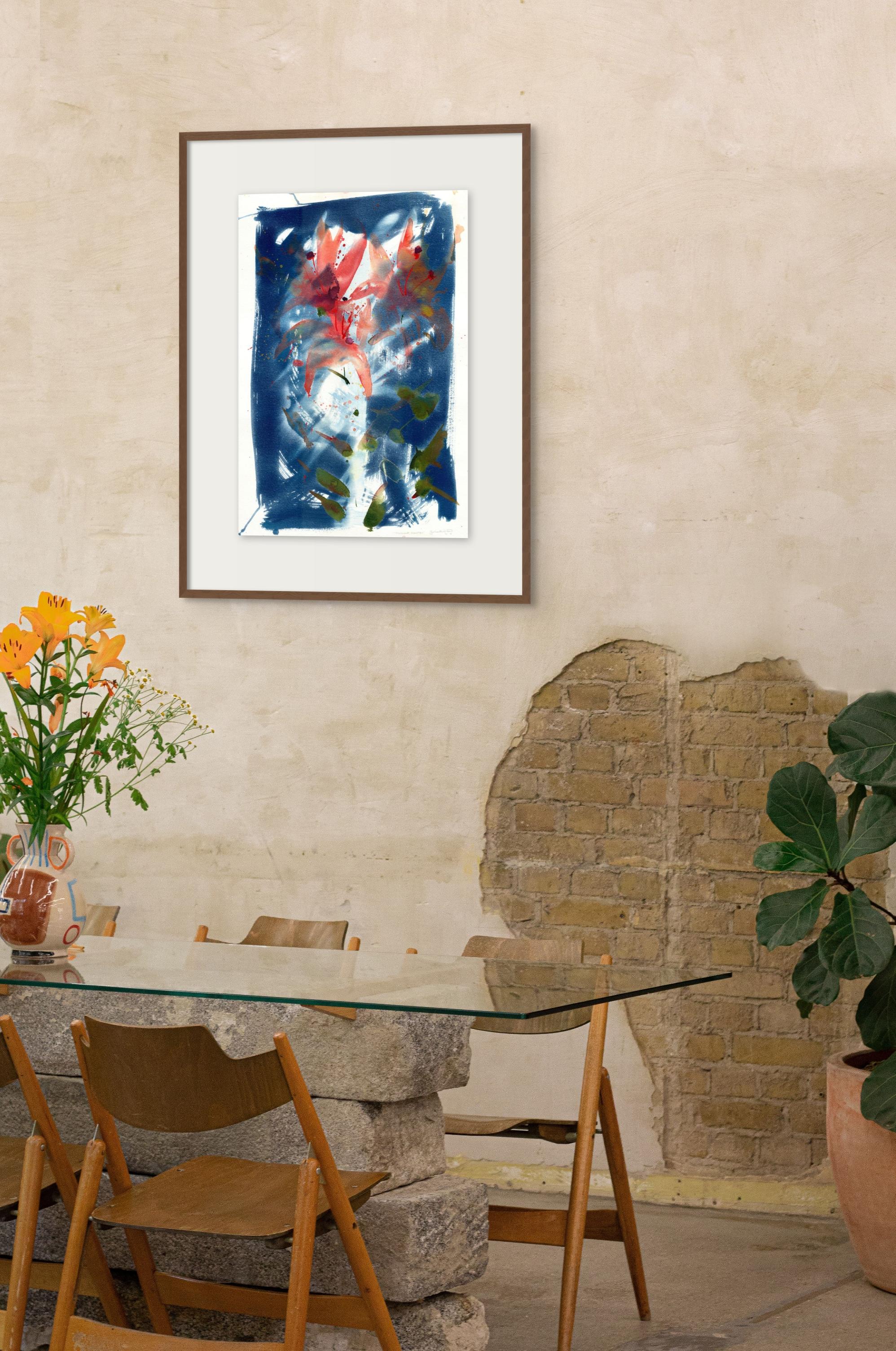 'Transient Beauty'. Blue botanical floral abstract environmental red lily For Sale 1