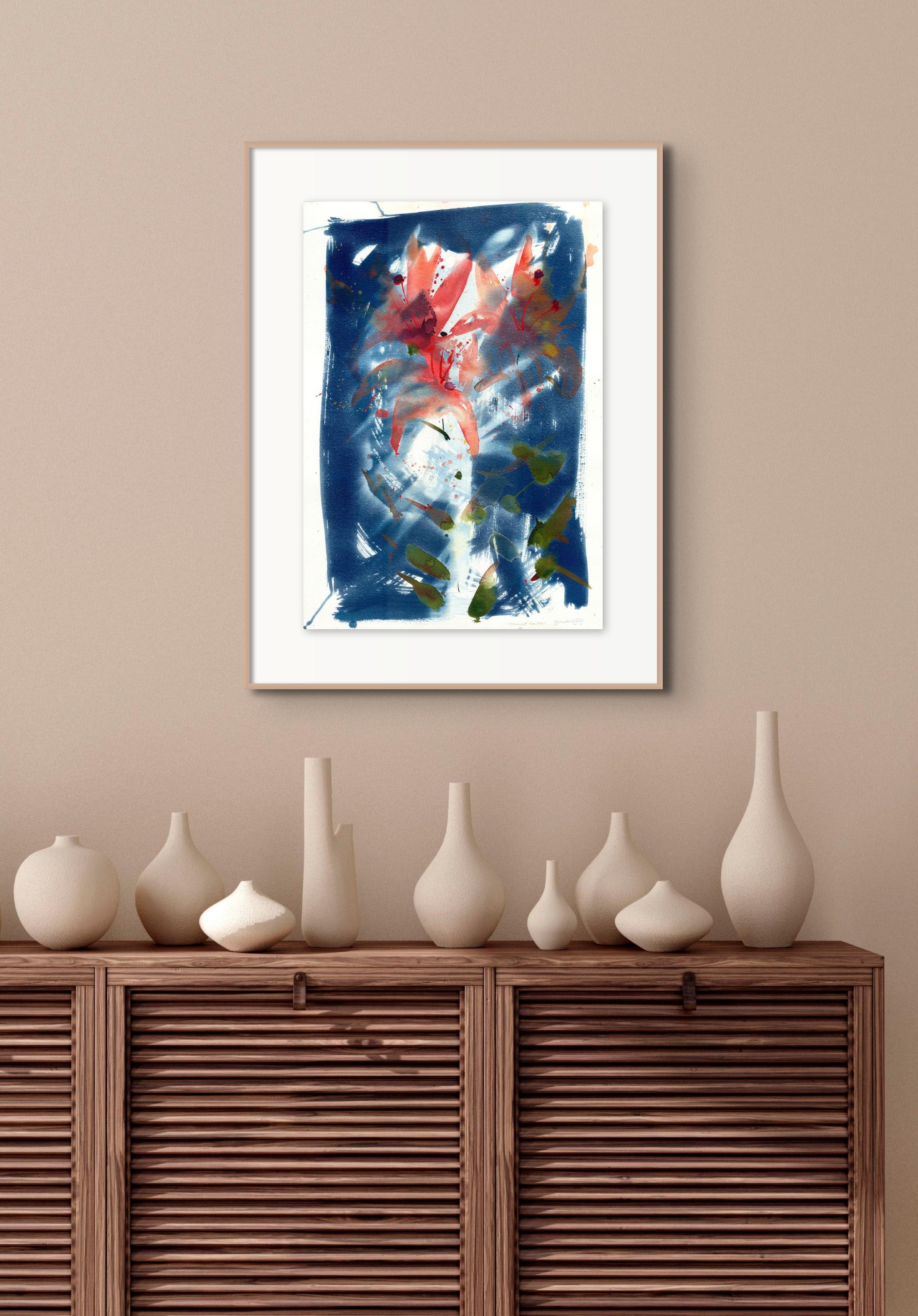 'Transient Beauty'. Blue botanical floral abstract environmental red lily For Sale 3