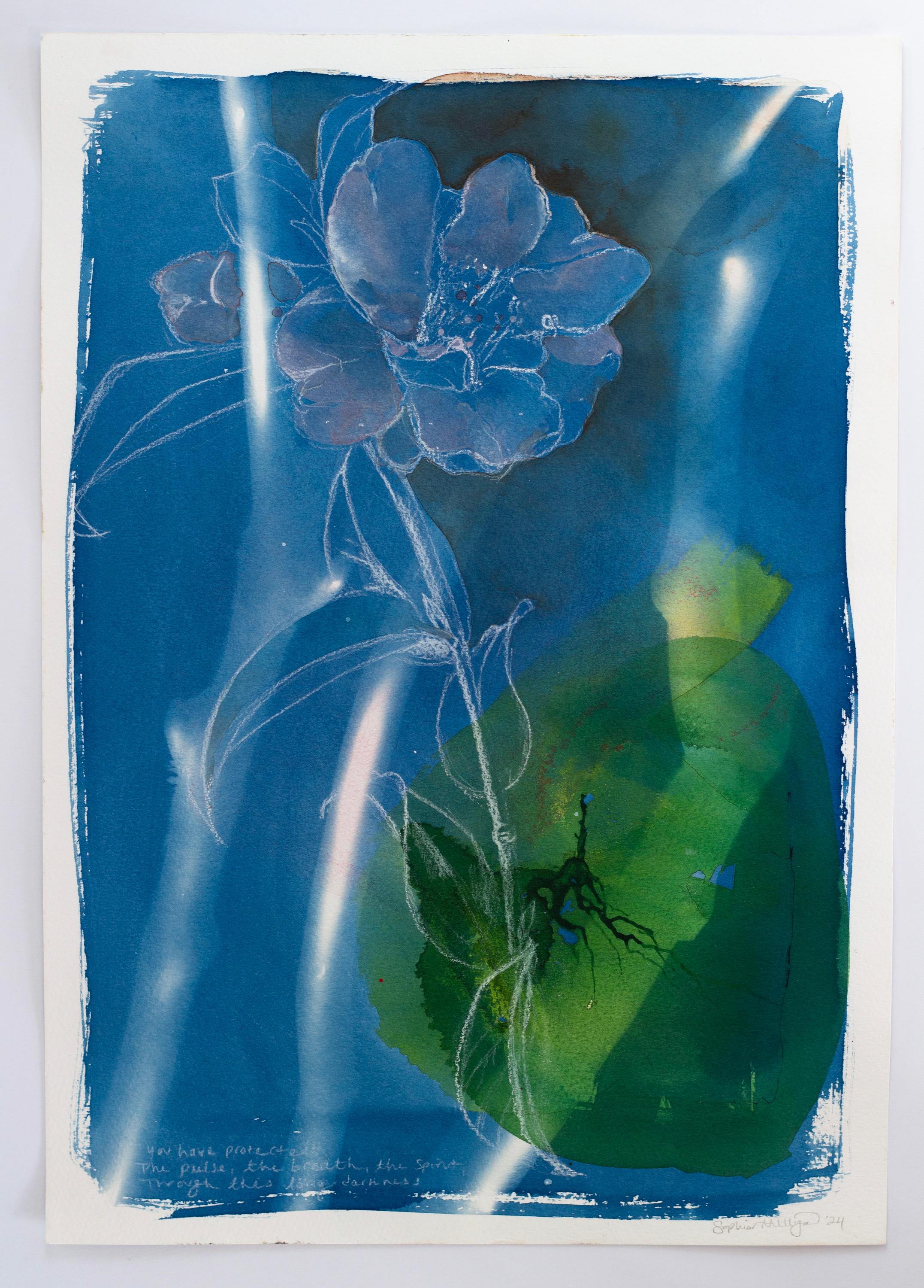 'Winter's Bones, Heart of Spring'. Contemporary still life blue floral nature - Painting by Sophia Milligan