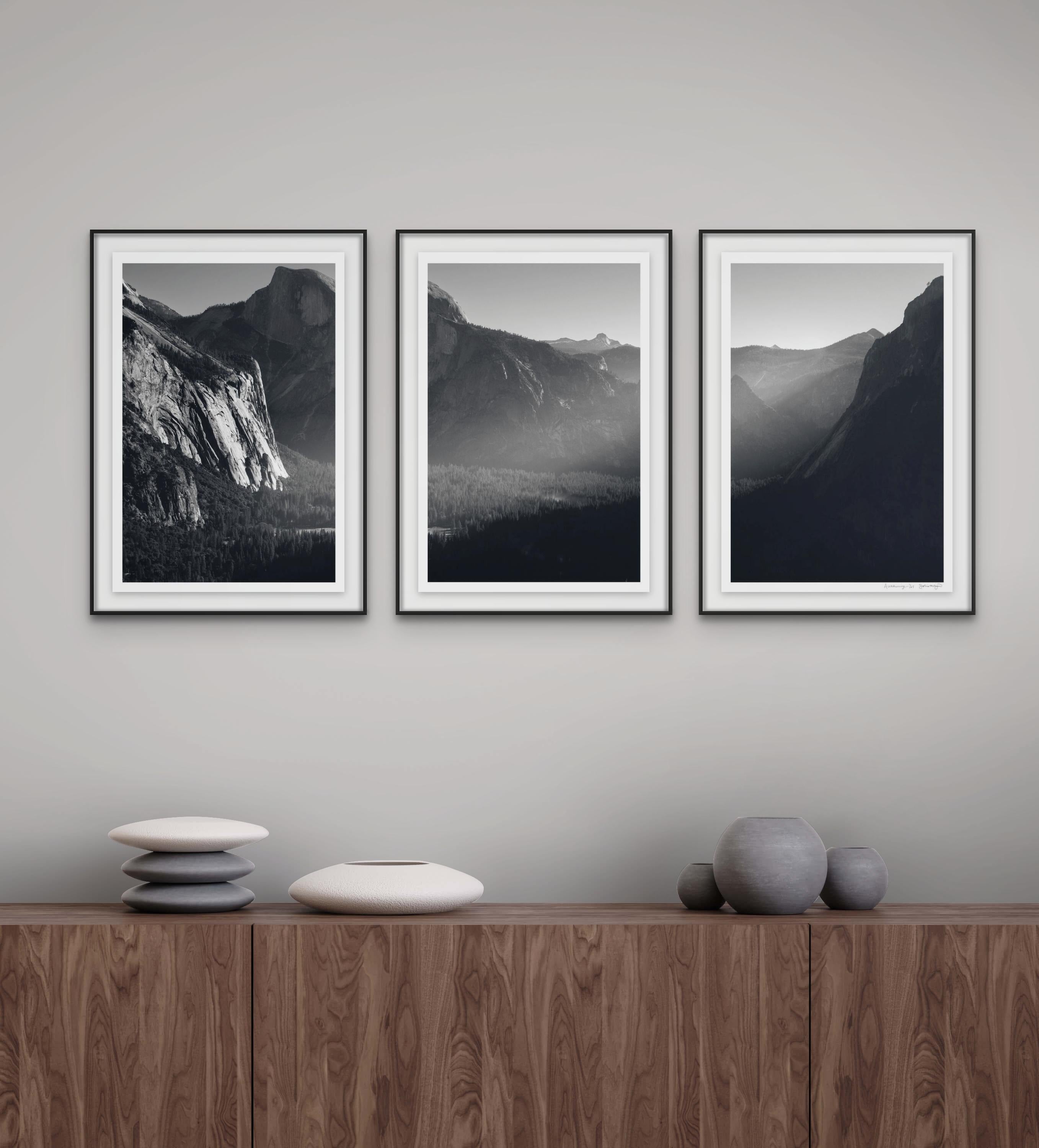 'Awakening' Limited edition triptych. Yosemite Mountains Trees Light Texture - Black Landscape Photograph by Sophia Milligan