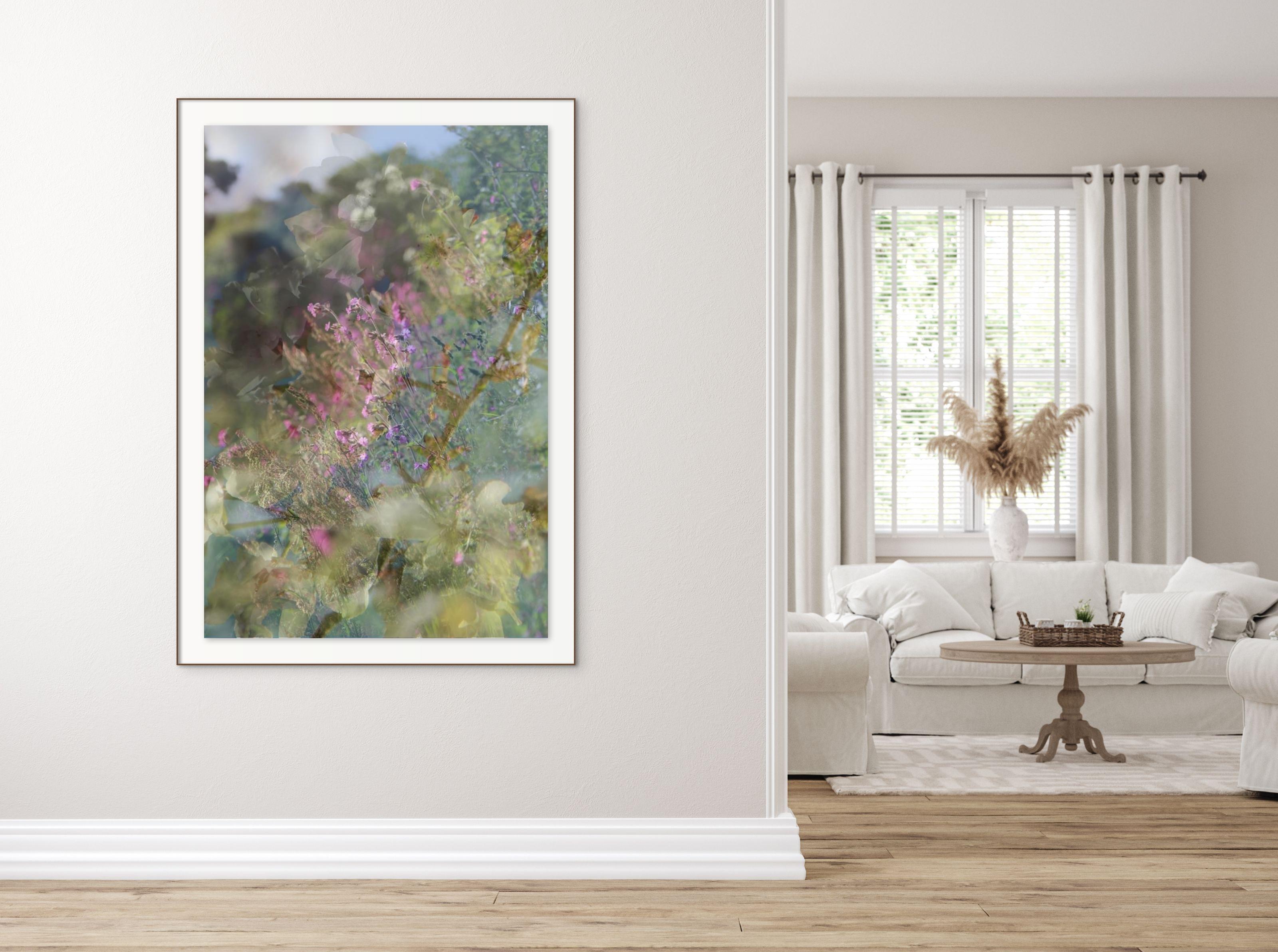 'Cherry Lane' Large scale floral photograph. Spring, blue pink green sakura - Contemporary Photograph by Sophia Milligan