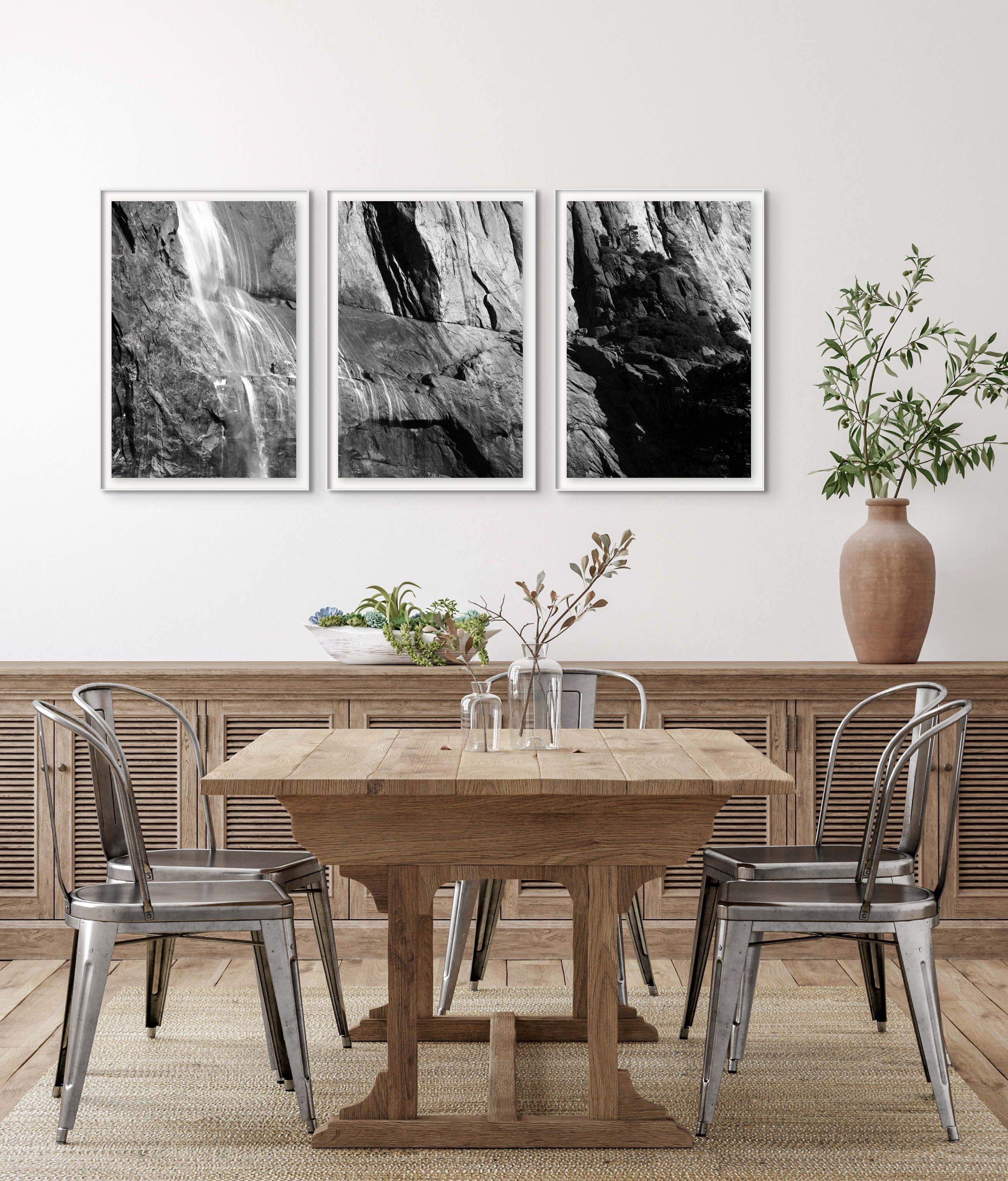 'Falls' 
Archival photographic triptych. Limited Edition of 25. Hand signed and numbered, unframed.
_________________
Rooted in the richly textured rock face, the humble pines provide a sense of scale to the vastness of Yosemite falls. Cascading