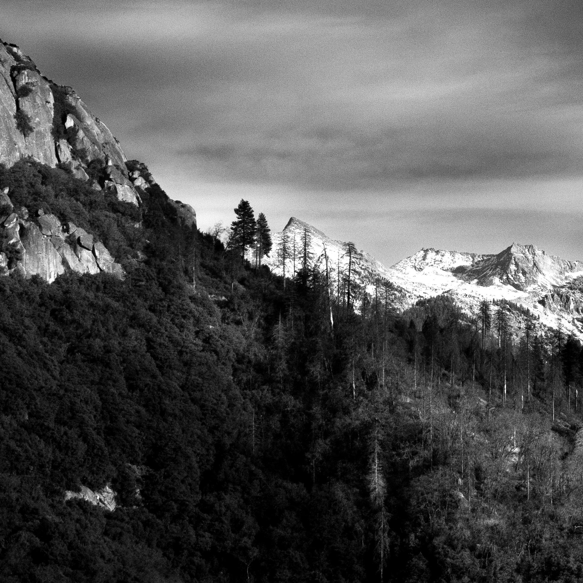„Into The Beyond“. Wilde Natur Bergpanorama Himmel Schnee Wald Landschaft weiß (Schwarz), Black and White Photograph, von Sophia Milligan