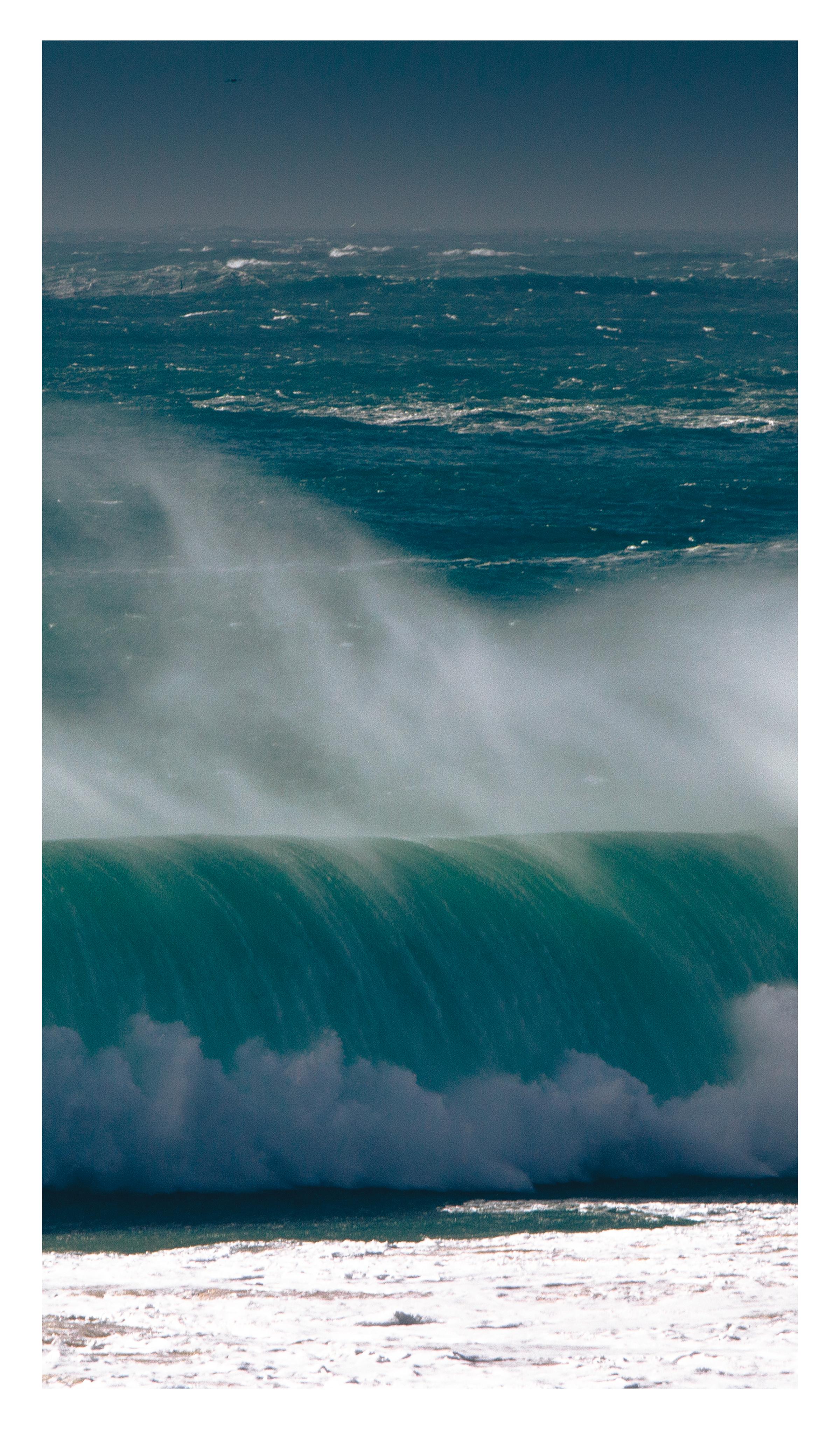 'Pounding Heart' Large scale triptych photograph. Ocean, sea, Beach cottage wave - Blue Landscape Photograph by Sophia Milligan