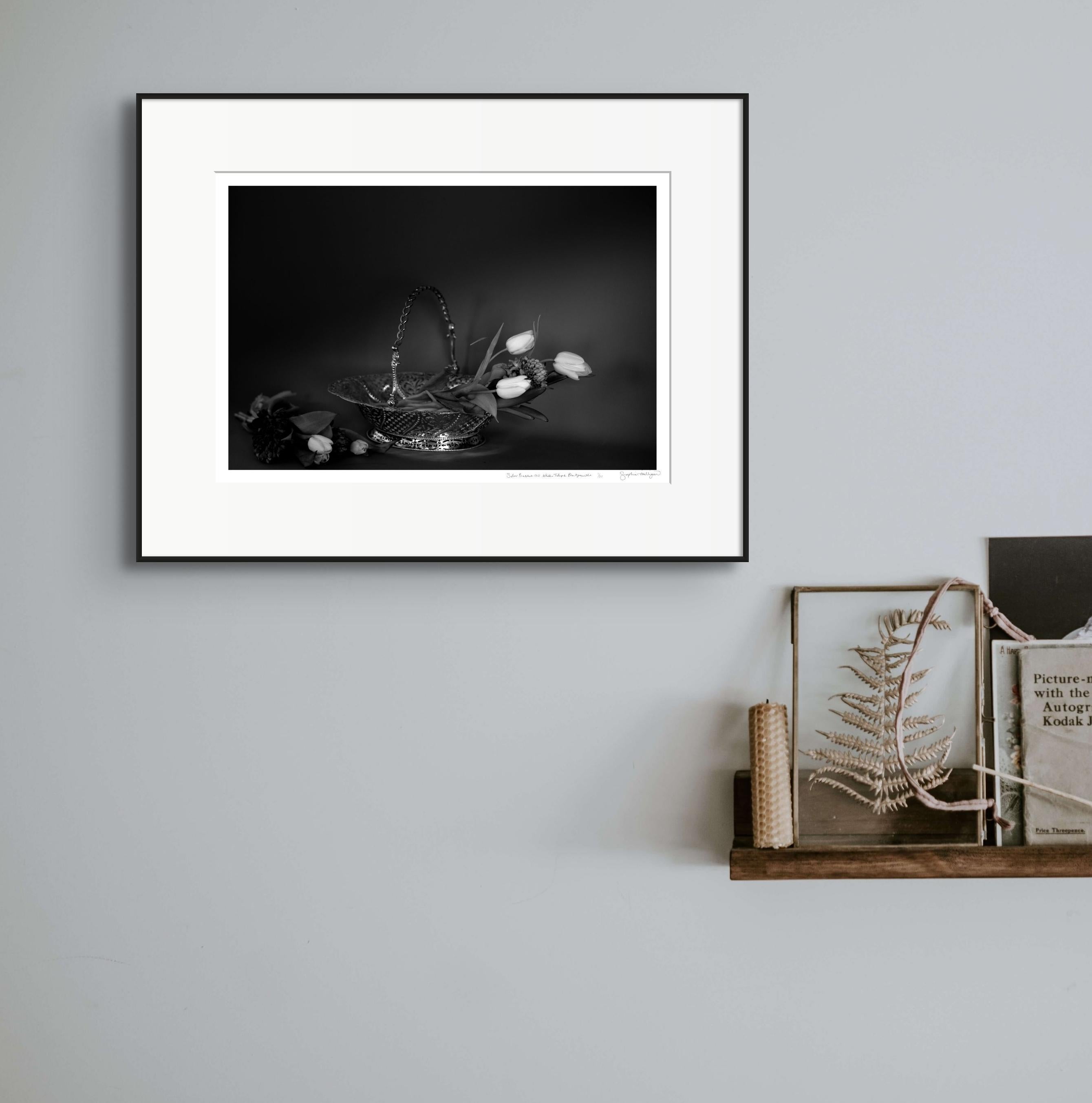 'Silver basket, White Tulips' Limited Edition Photograph. Minimal Still Life  For Sale 4