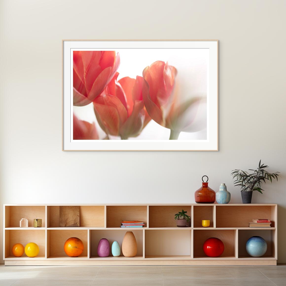 „Sunday's Tulips (III)“ Großformatiges Foto kräftige Blume pastellrot orangeweiß im Angebot 2