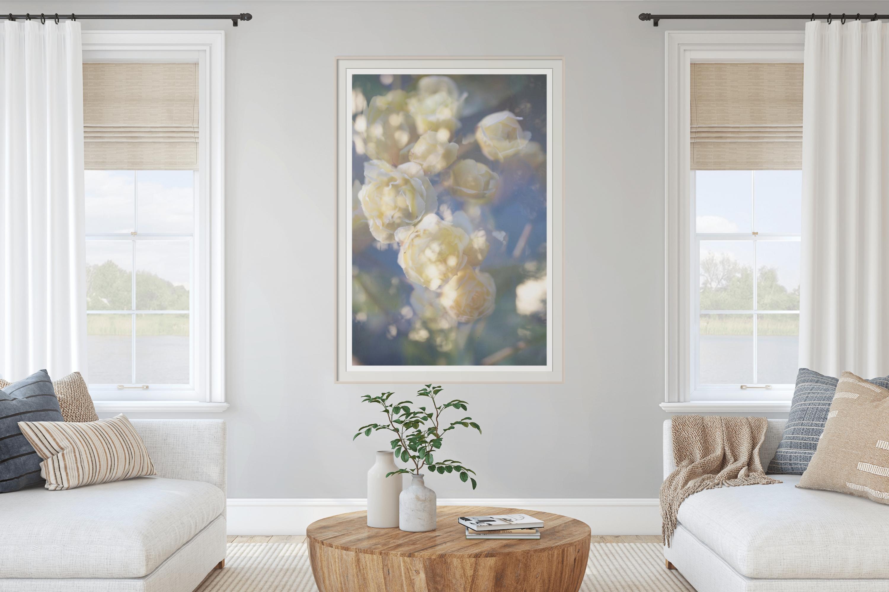 'Yellow is the Dawning of May' Large scale photograph flowers blue green pastel For Sale 1