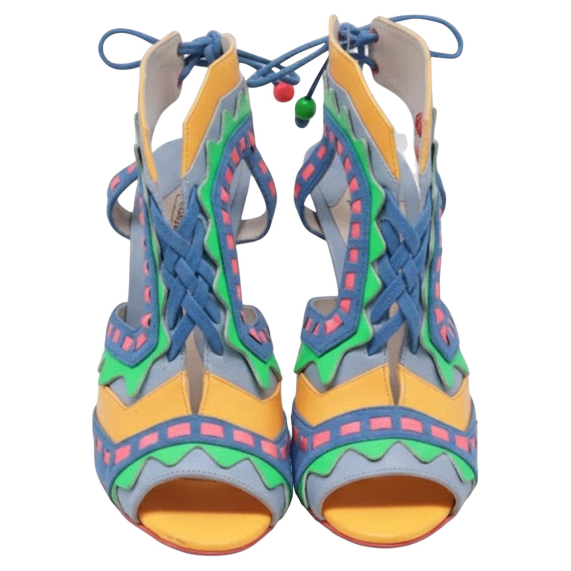 Sophia Webster Beaded Laced Sandal Heels in Multicolor Leather For Sale