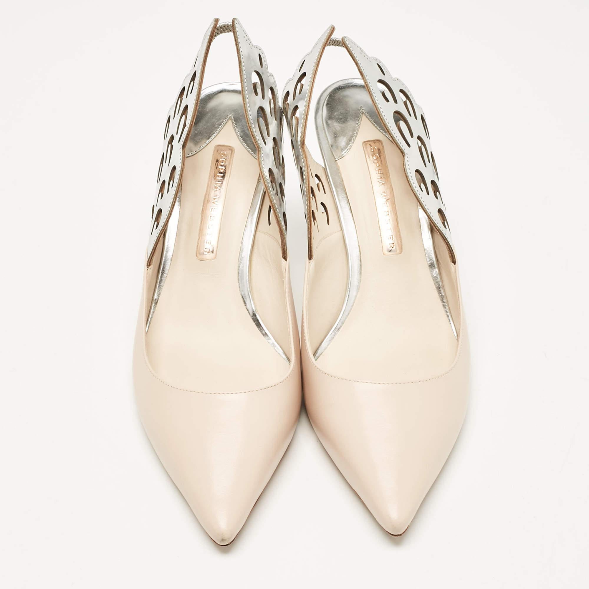Sophia Webster Beige/Silver Leather Angelo Slingback Pumps 39 In Good Condition In Dubai, Al Qouz 2
