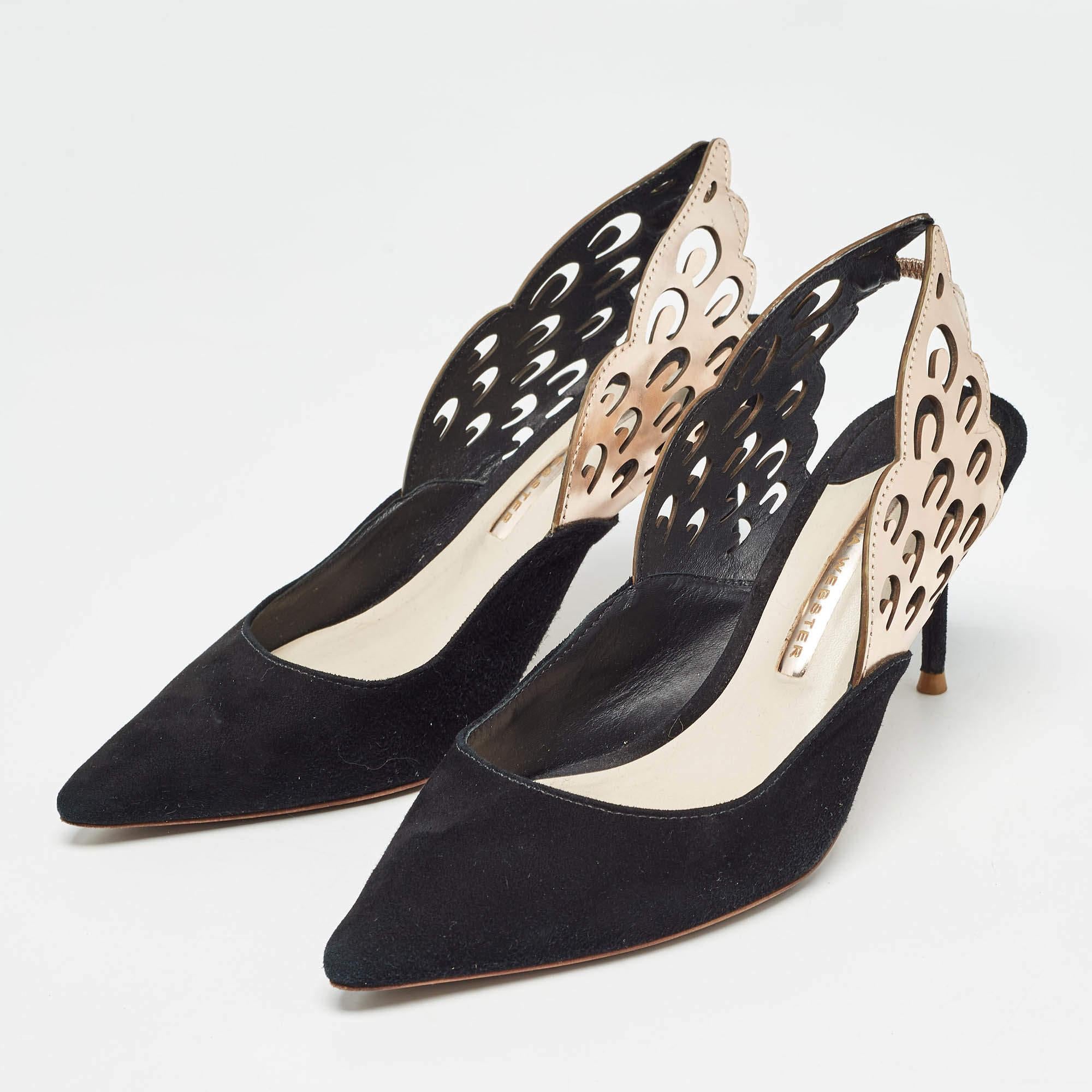 Sophia Webster never fails to amaze and charm us These stunning Angelo pumps have been designed creatively with wing shaped slingbacks that beautifully extend out. They come crafted from leather along with suede and styled with pointed toes.