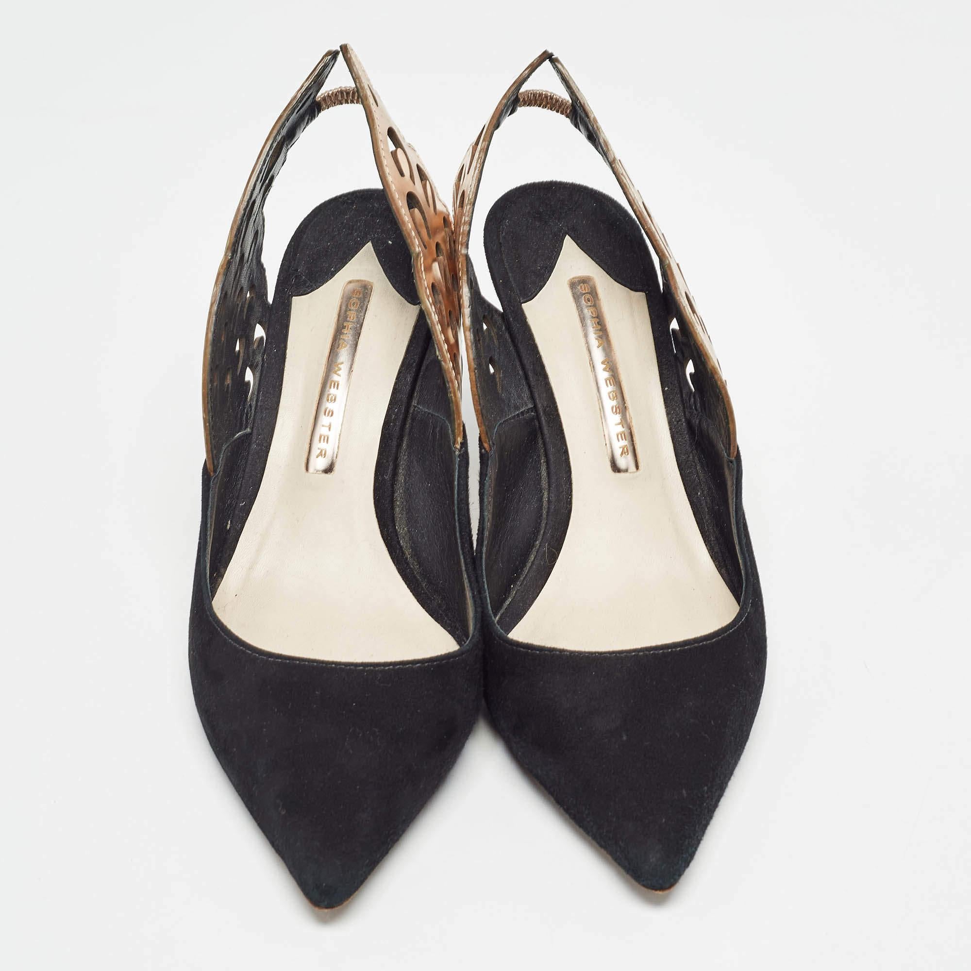 Sophia Webster Black Bronze Suede Leather Angelo Slingback Pumps Size 37 In Good Condition For Sale In Dubai, Al Qouz 2