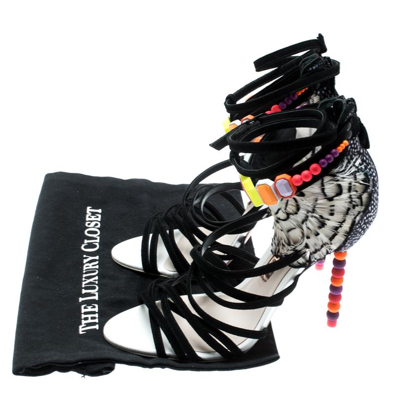 Sophia Webster Black Feather Trim Alessandra Wrap Strappy Sandals Size 39.5 4