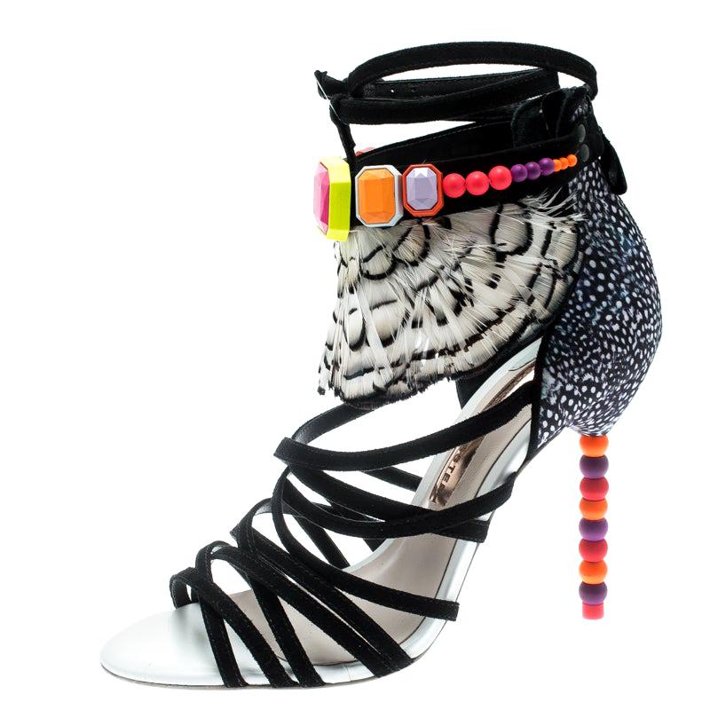 Sophia Webster Black Feather Trim Alessandra Wrap Strappy Sandals Size 39.5
