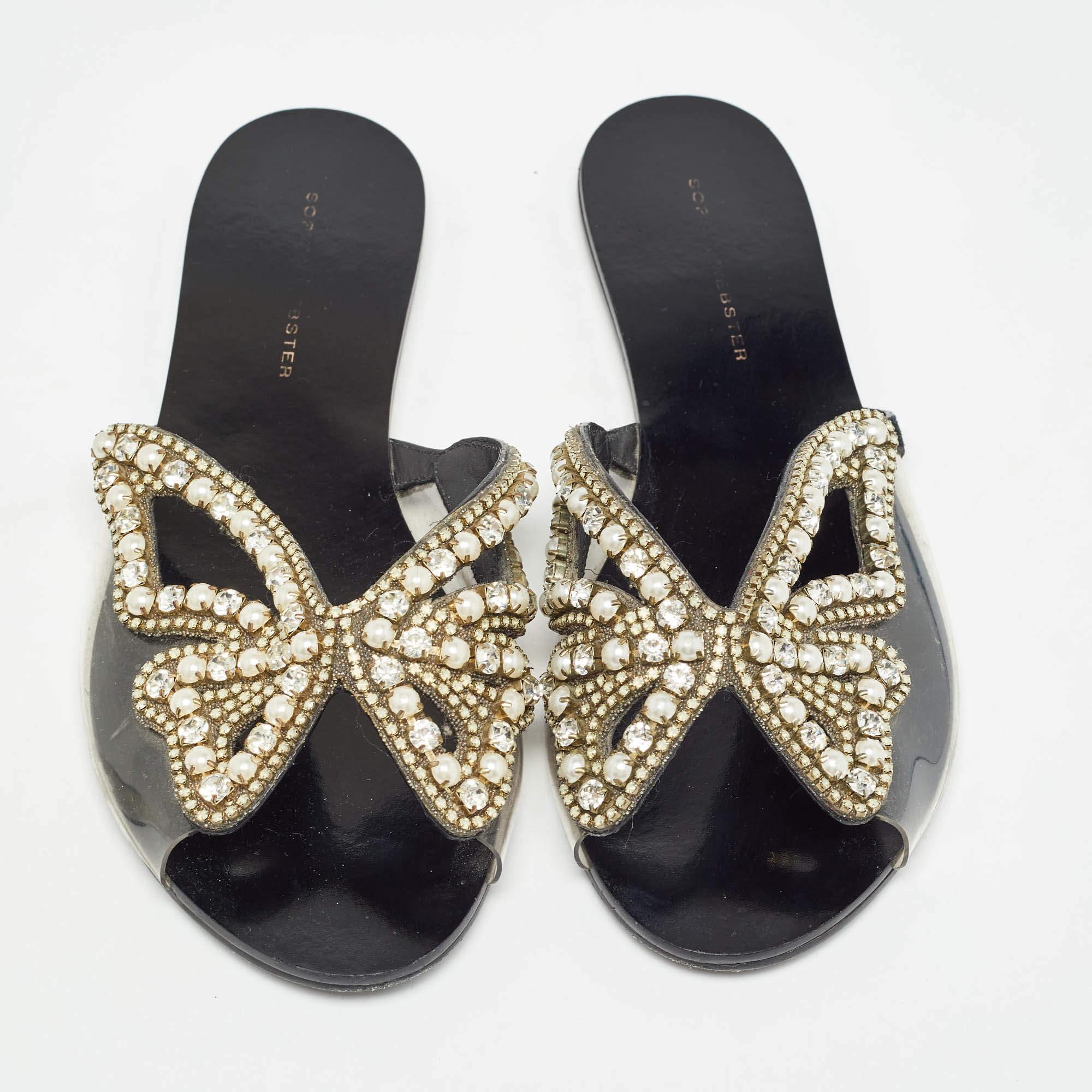 Sophia Webster Black Leather and PVC Madame Butterfly Slide Flats Size 38.5 In Fair Condition For Sale In Dubai, Al Qouz 2