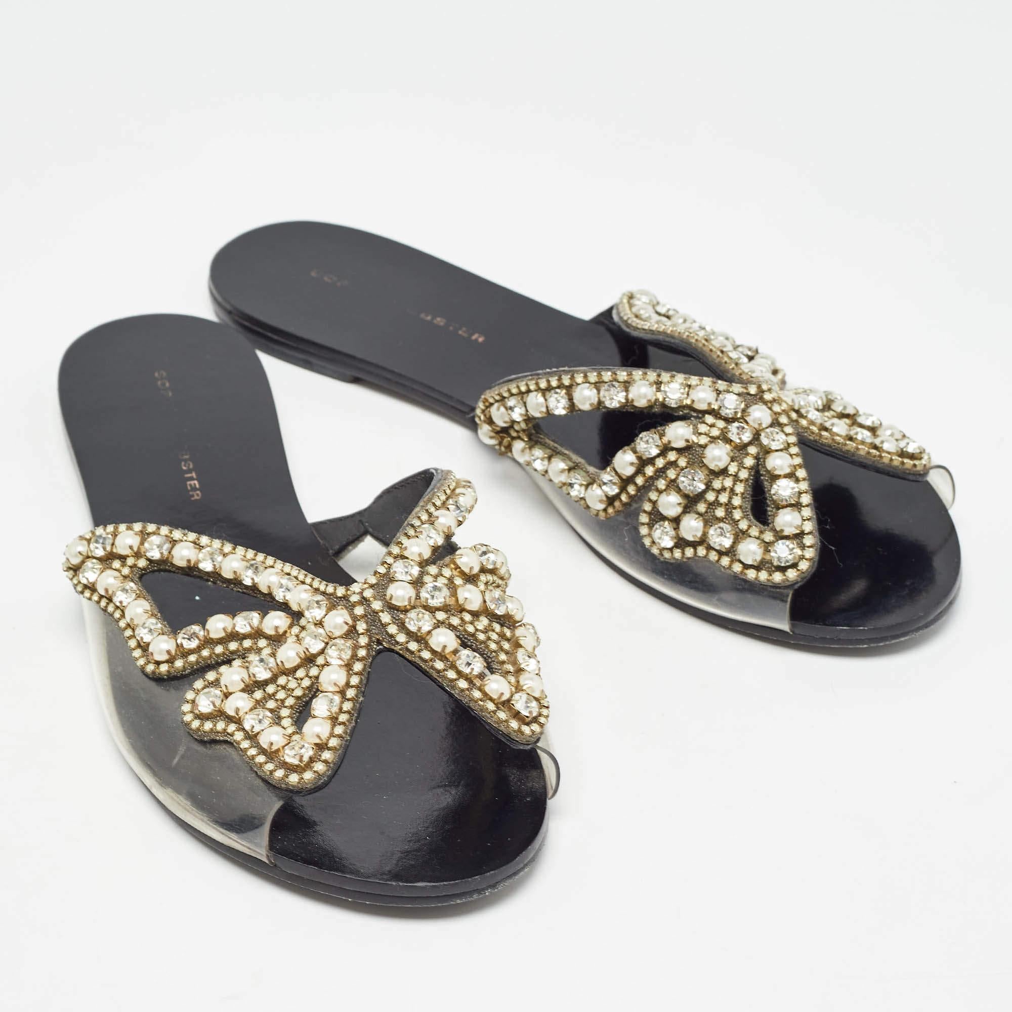 Women's Sophia Webster Black Leather and PVC Madame Butterfly Slide Flats Size 38.5 For Sale