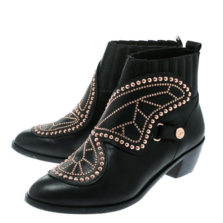 Sophia Webster Black Leather Karina Butterfly Studded Ankle Boots Size ...