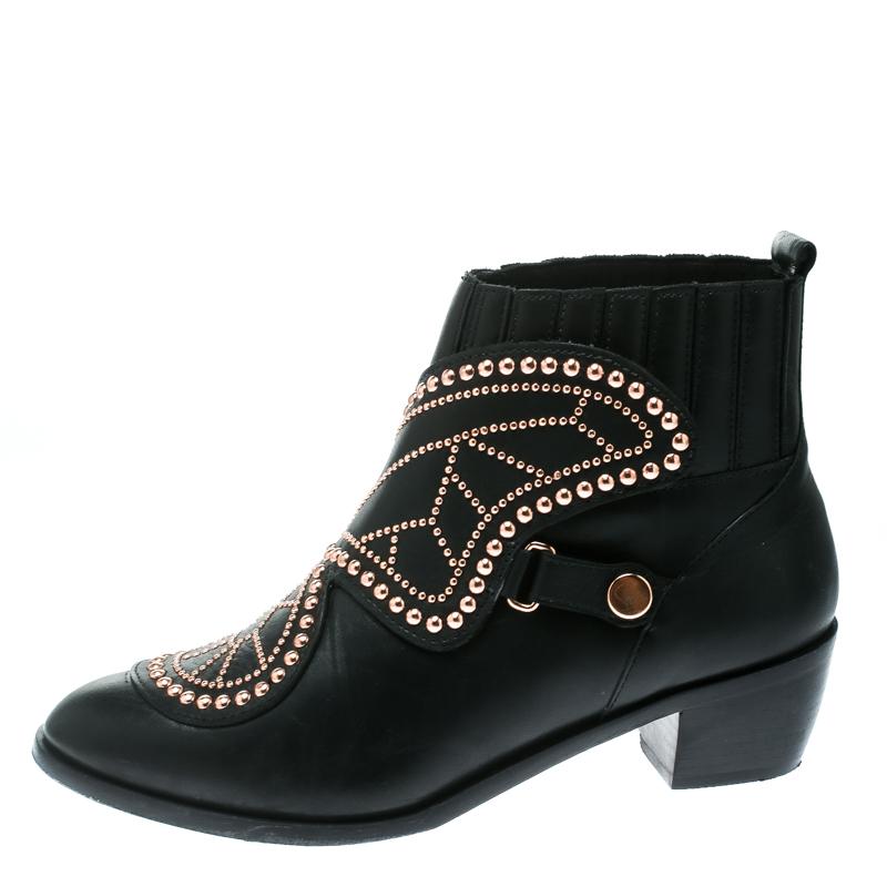 Women's Sophia Webster Black Leather Karina Butterfly Studded Ankle Boots Size 37.5