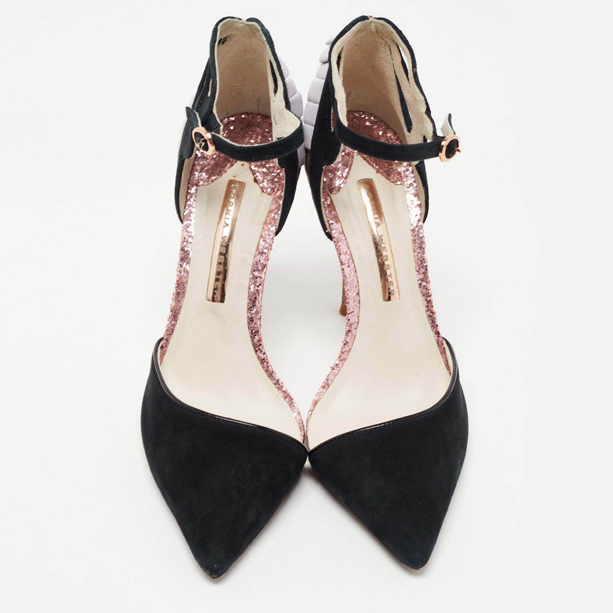 Sophia Webster Black/Metallic Suede & Glitter D'orsay Ankle Strap Pumps Size 37 In Good Condition For Sale In Dubai, Al Qouz 2