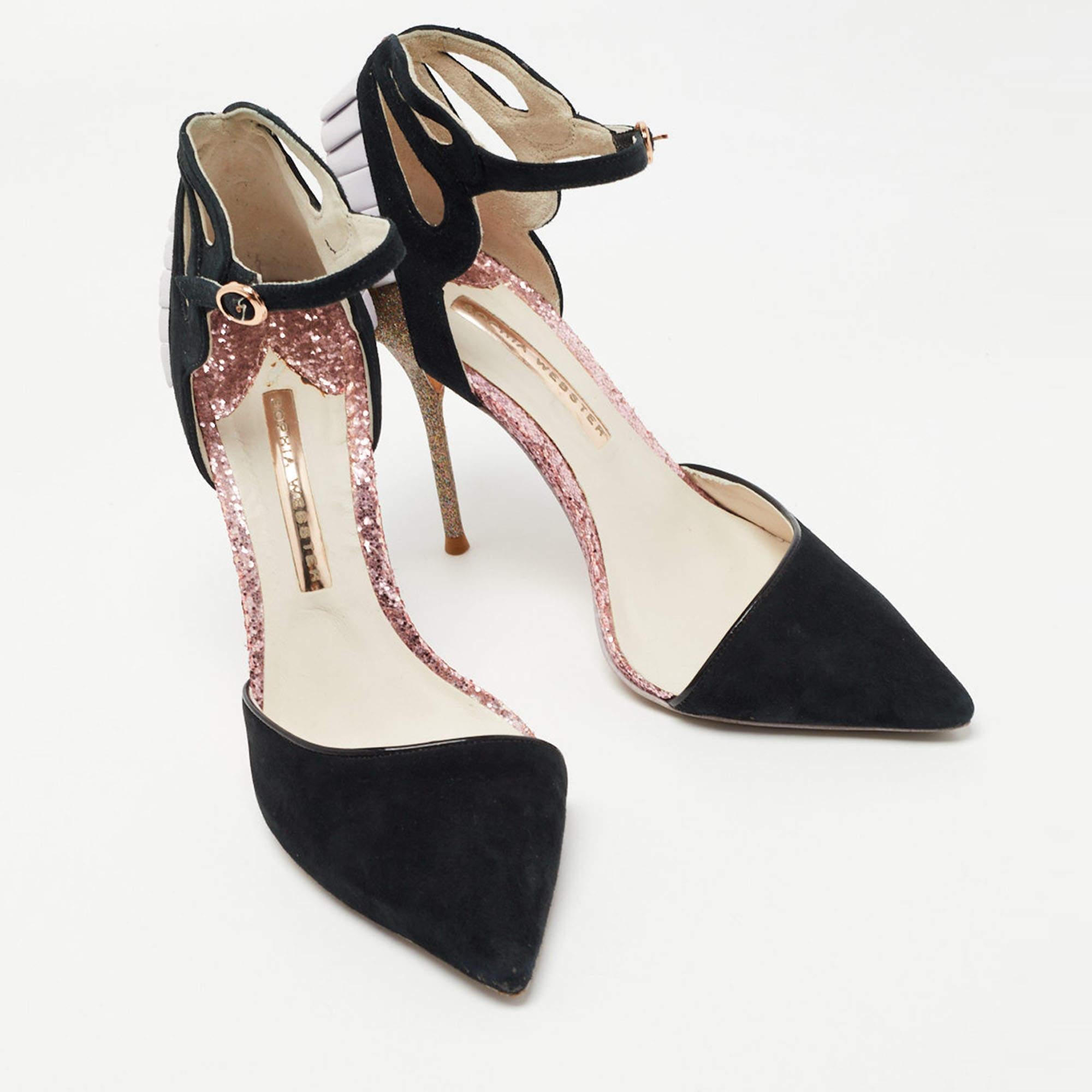 Women's Sophia Webster Black/Metallic Suede & Glitter D'orsay Ankle Strap Pumps Size 37 For Sale