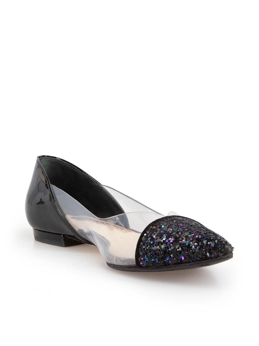 CONDITION is Very good. Minimal wear to flats is evident. Minimal wear to both toe tips with sequins worn away. Marks found on both patent leather backs and debris found trapped on the sides of both shoes on this used Sophia Webster designer resale