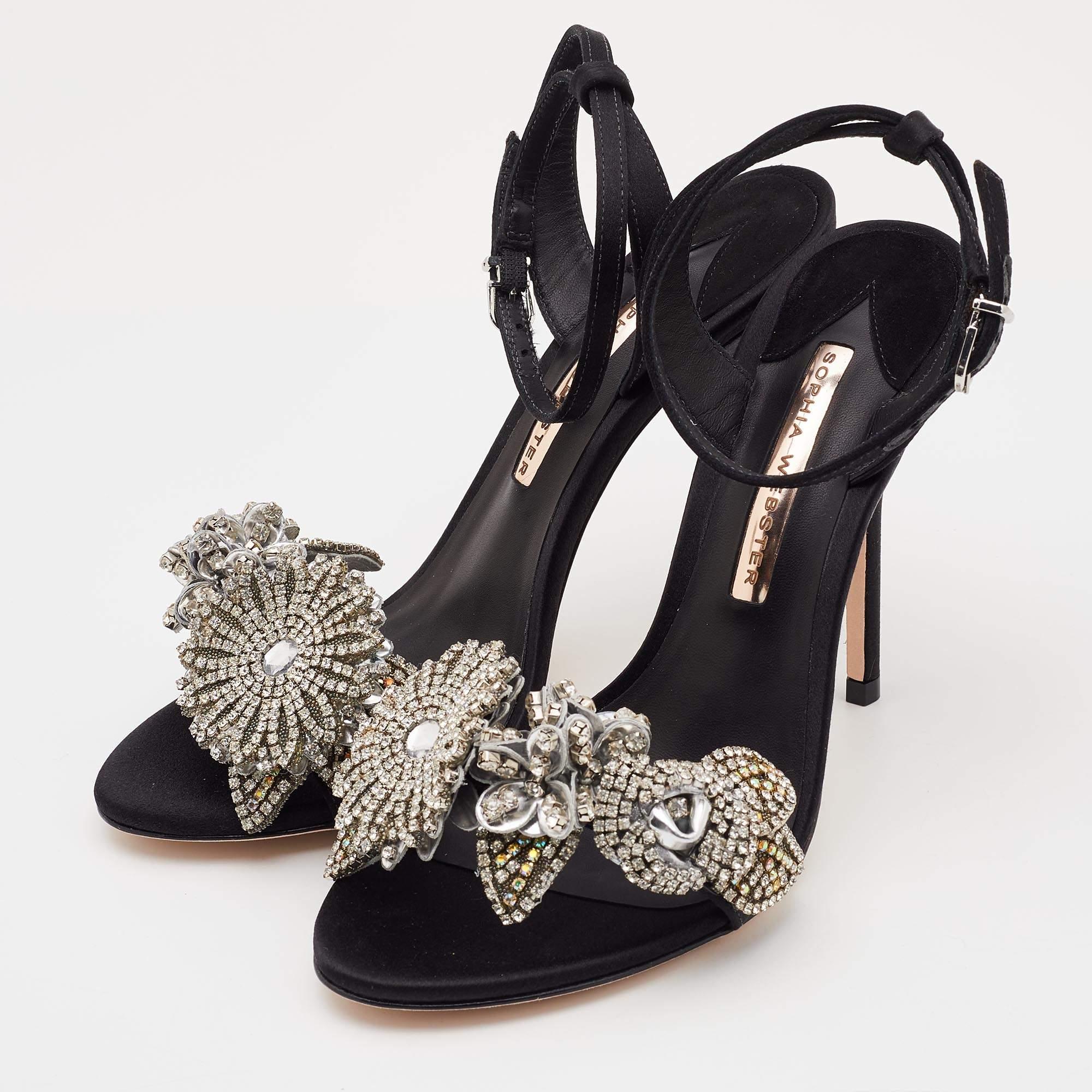 Women's Sophia Webster Black Satin Lilico Floral Embellished Ankle Wrap Sandals Size 38