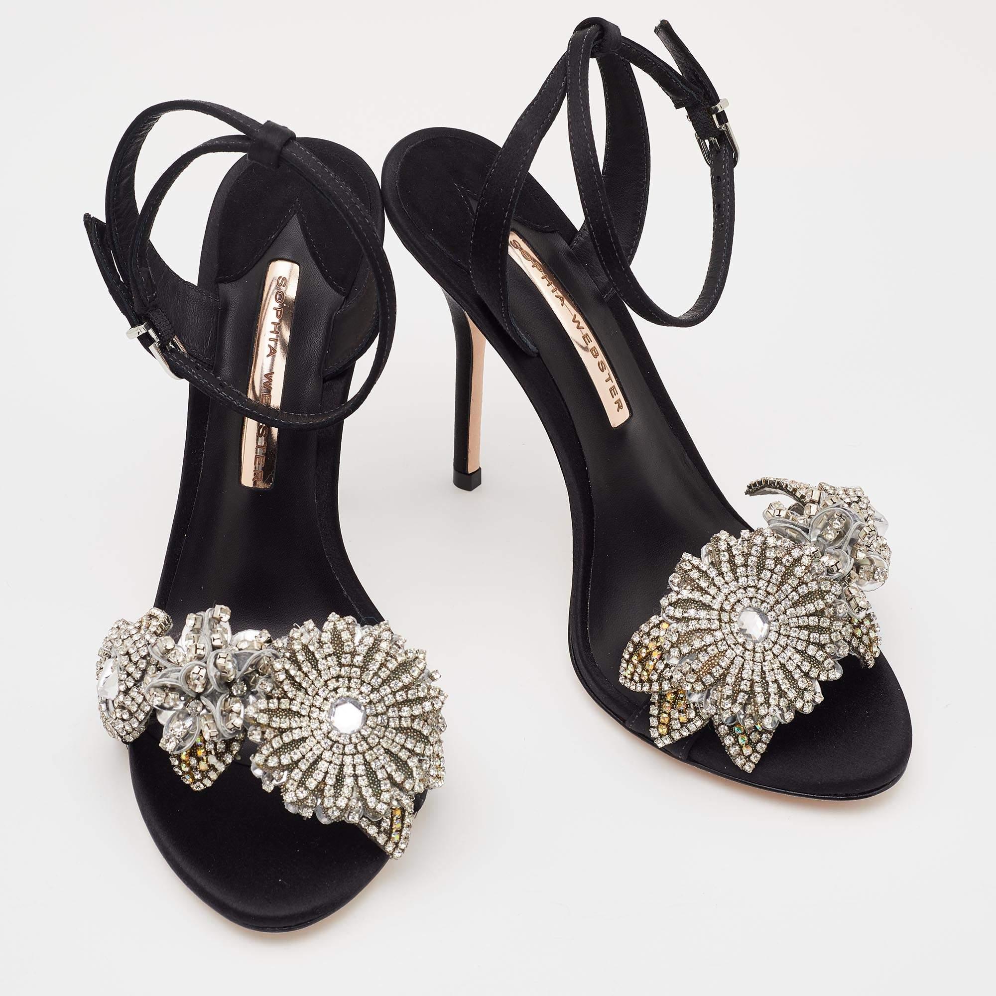 Sophia Webster Black Satin Lilico Floral Embellished Ankle Wrap Sandals Size 38 1