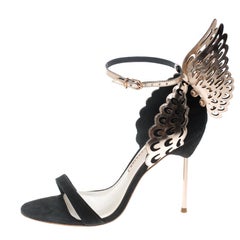 Sophia Webster Black Suede and Laser Cut Rose Gold Leather Evangeline Open Toe S