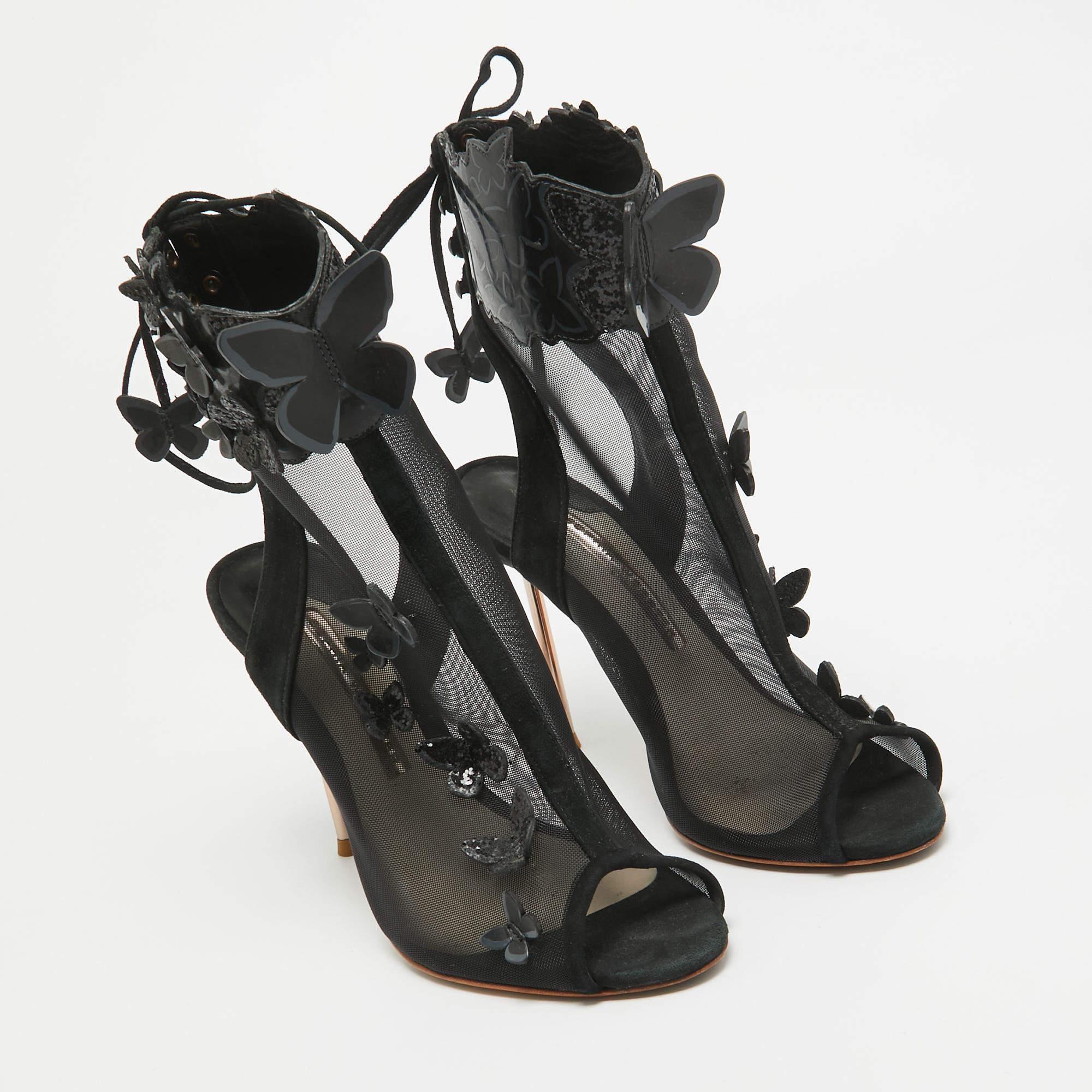 Women's Sophia Webster Black Suede and Mesh 3D Butterfly Harmony Booties Size 37