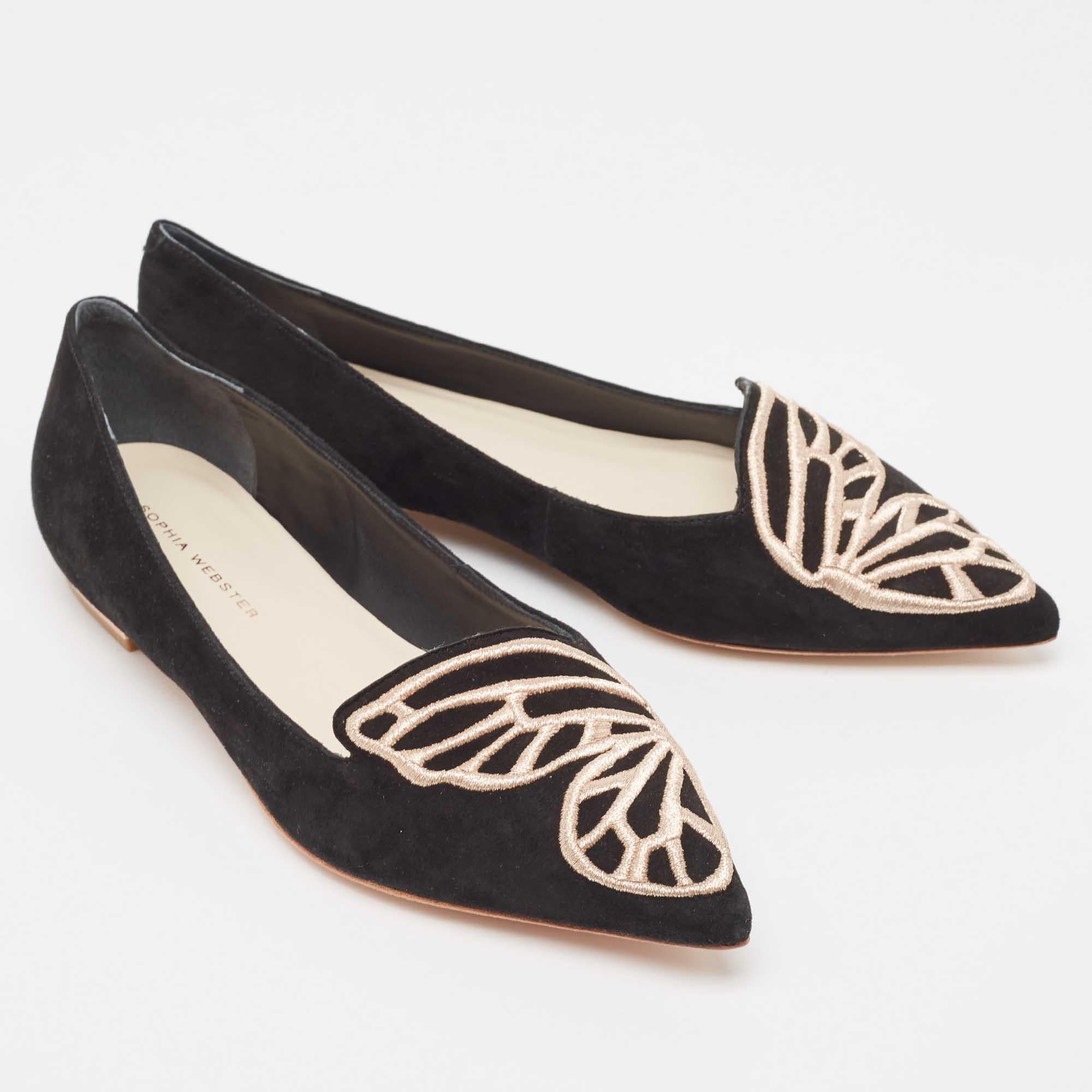 Women's Sophia Webster Black Suede Bibi Butterfly Pointed Toe Ballet Flats Size 37