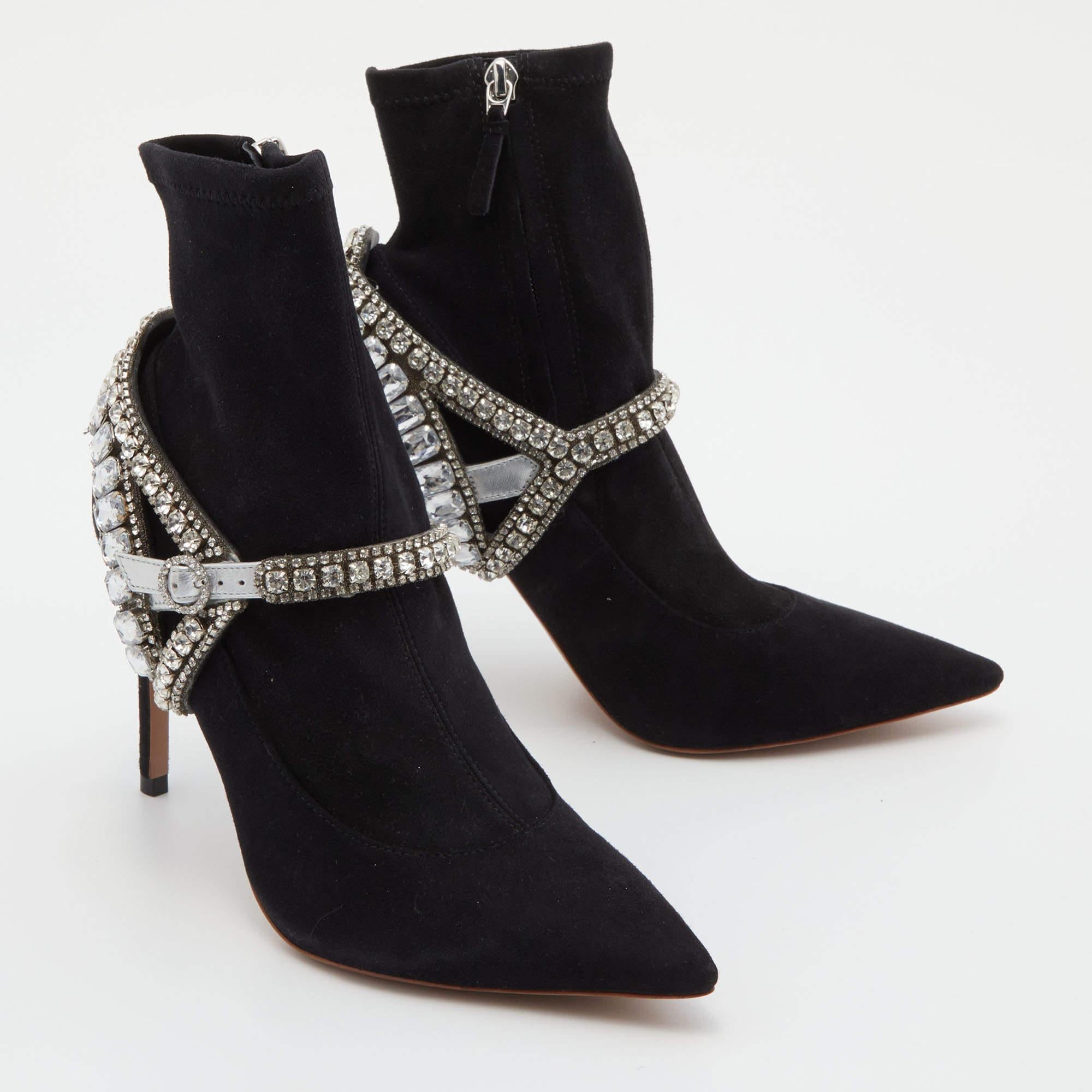 Sophia Webster Black Suede Crystal Embellished Lorena Ankle Booties Size 38