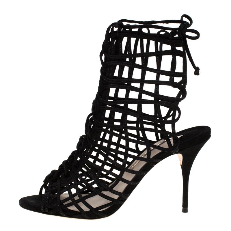 Sophia Webster Black Suede Delphine Peep Toe Cage Sandals Size 39.5 1