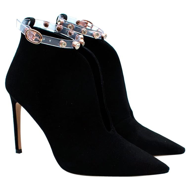 Sophia Webster Black Suede Embellished Plexi Strap Dina Ankle Boots - Size EU 39 For Sale