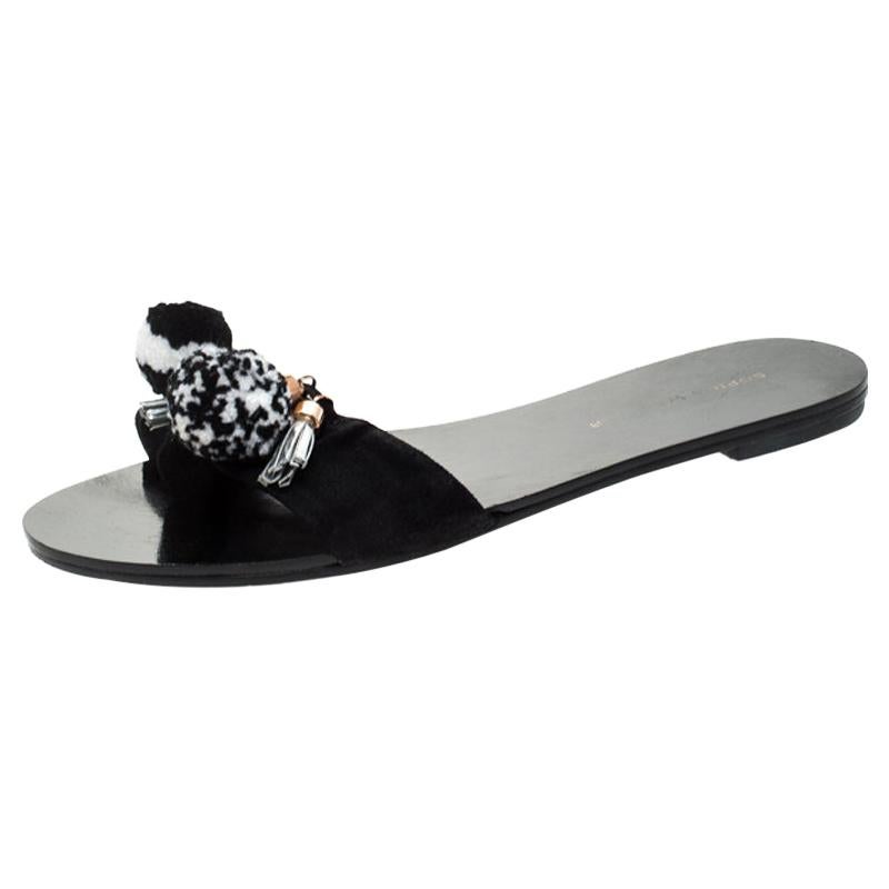 Sophia Webster Black Suede Jada Pom Pom Slide Flats Size 37 For Sale