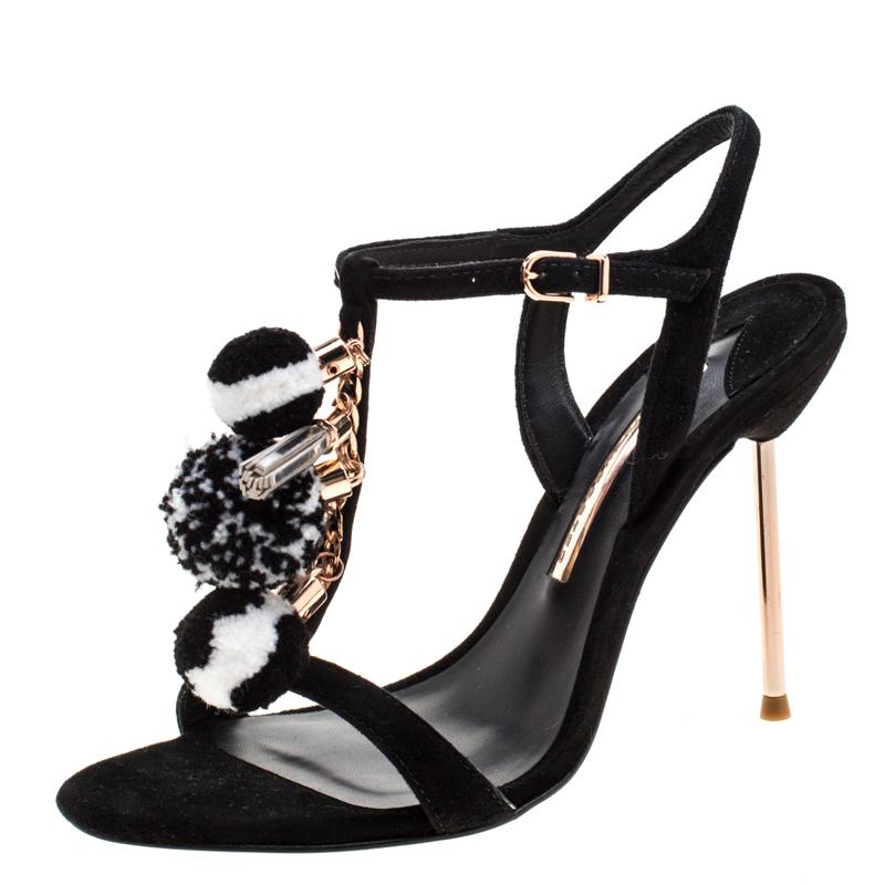 Women's Sophia Webster Black Suede Layla Pom Pom Embellished T-Strap Sandals Size 39.5