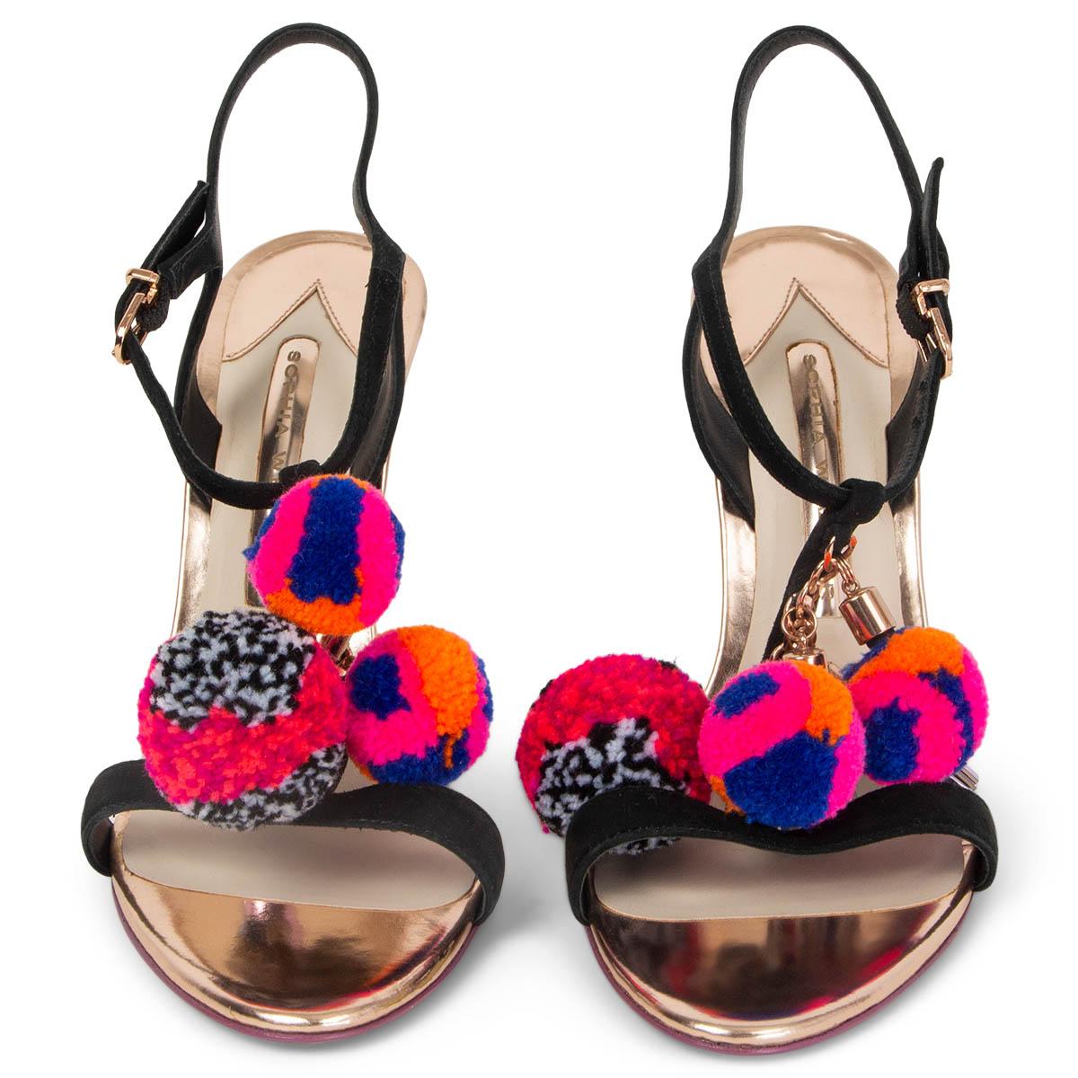 100% authentic Sophia Webster Layla Pom-Pom Tassel Sandals in black suede and metallic rose-gold leather. Embellished with pink, blue, orange and grey pom-poms and metallic tassels. They feature a metal stiletto heel.  Have been worn once and are in
