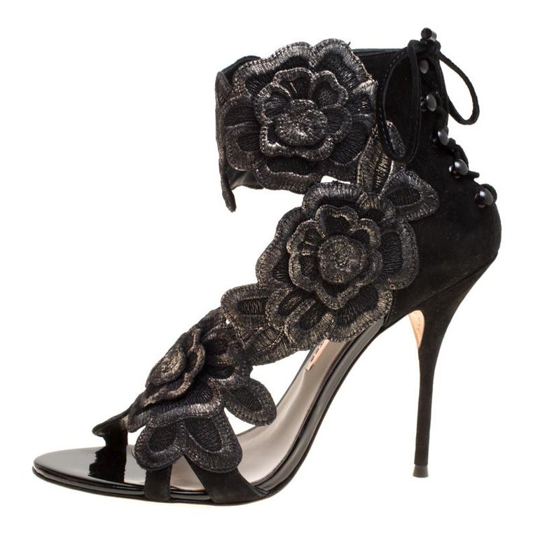 Sophia Webster Black Suede Winona Floral Embroidered Ankle Cuff Sandals ...