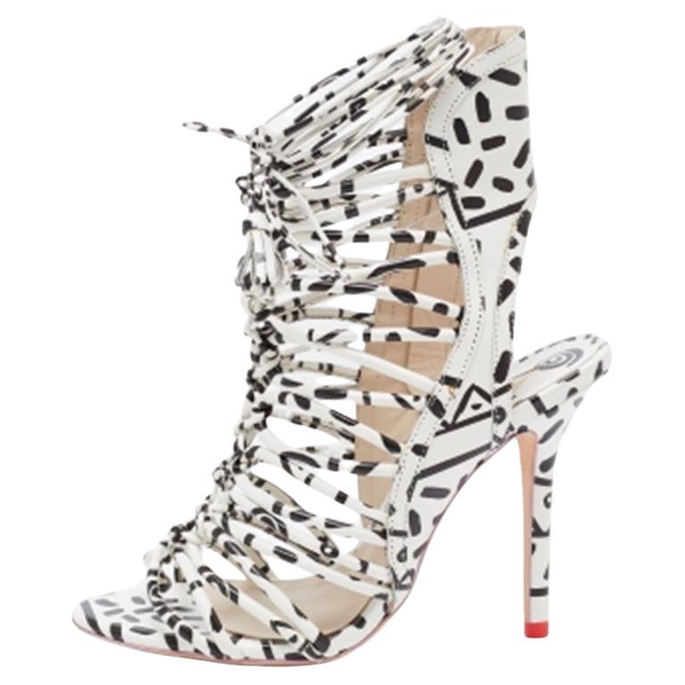 Sophia Webster Schwarz/Weiß Leopard Print Leder Spitze Tie Up Sandalen Größe 37 im Angebot