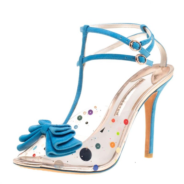 Sophia ster Blue Suede and Sequins PVC Lane Peep Toe Sandals Size 40