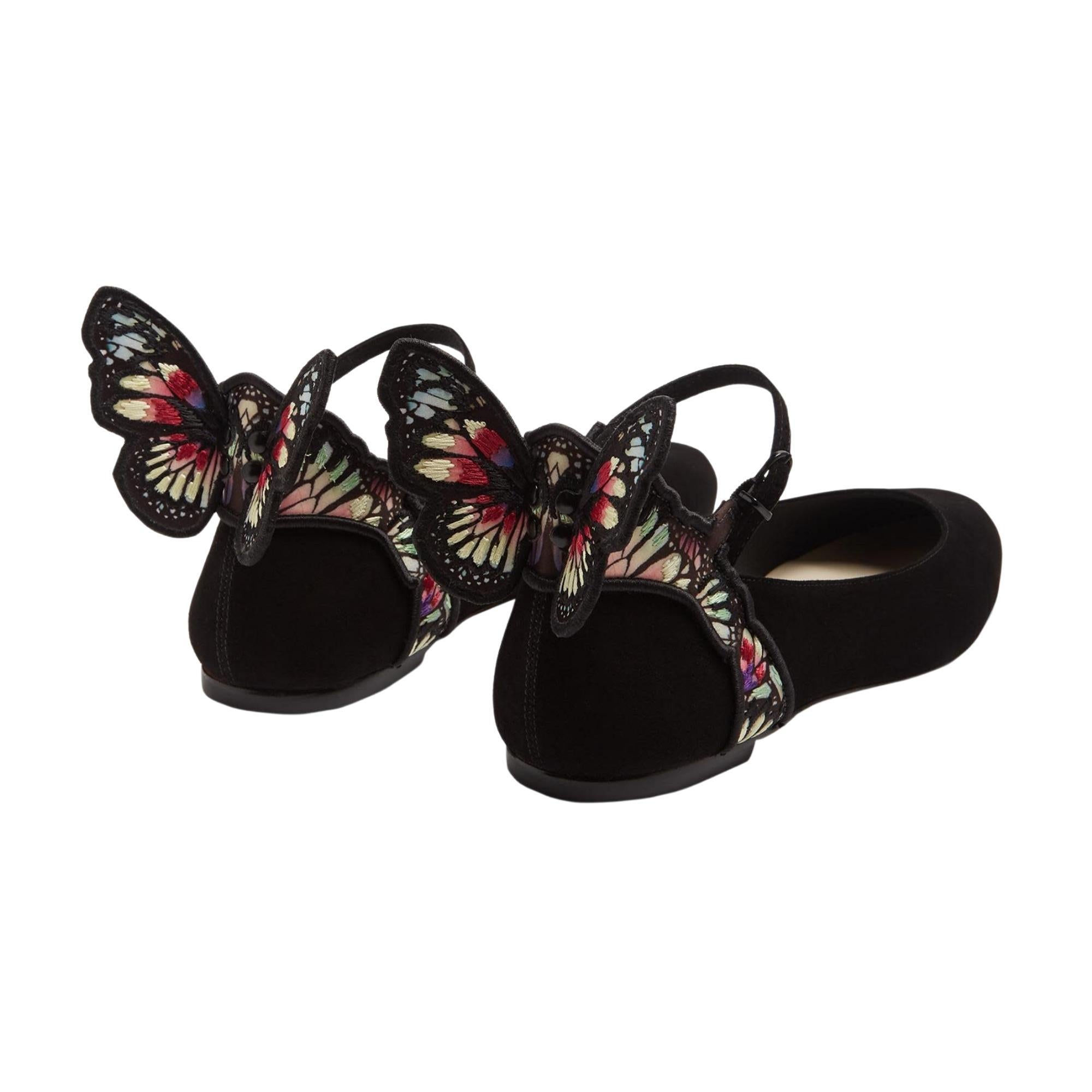 Infuse a sweet sensibility into your summer or sunny vacation wardrobe with Sophia Webster's black suede Butterfly ballet flats. They have a feminine round-toe fit and come decorated with multicoloured satin butterfly wings at the heel.
 
Light-pink