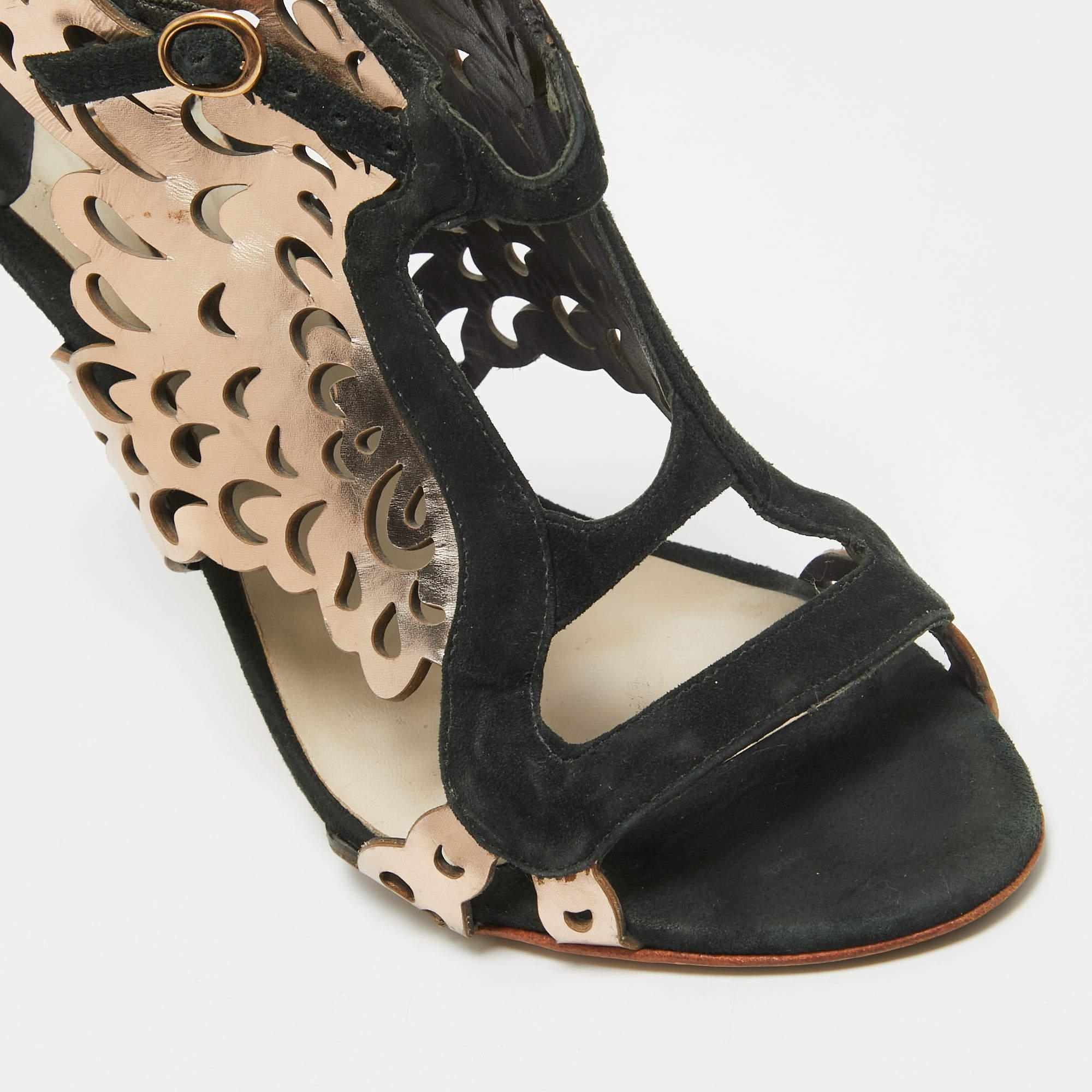 Sophia Webster Dark Green Suede Leather Laser Cut Parisa Sandals Size 38 For Sale 2