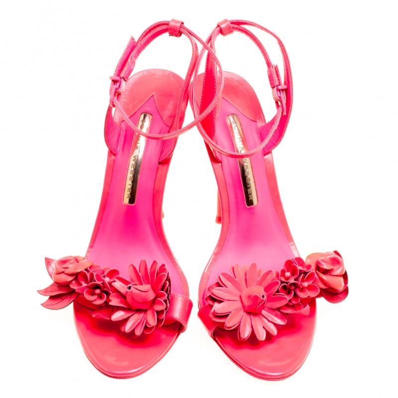 Sophia Webster Fluorescent Pink Patent Leather Lilico Floral Embellished Ankle W In Good Condition In Dubai, Al Qouz 2