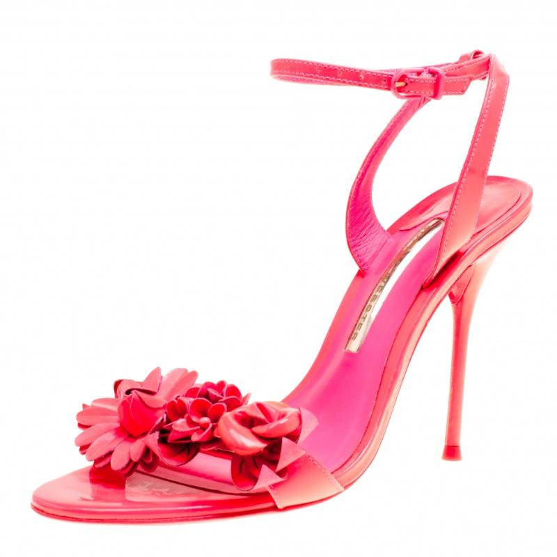 Sophia Webster Fluorescent Pink Patent Leather Lilico Floral Embellished Ankle W
