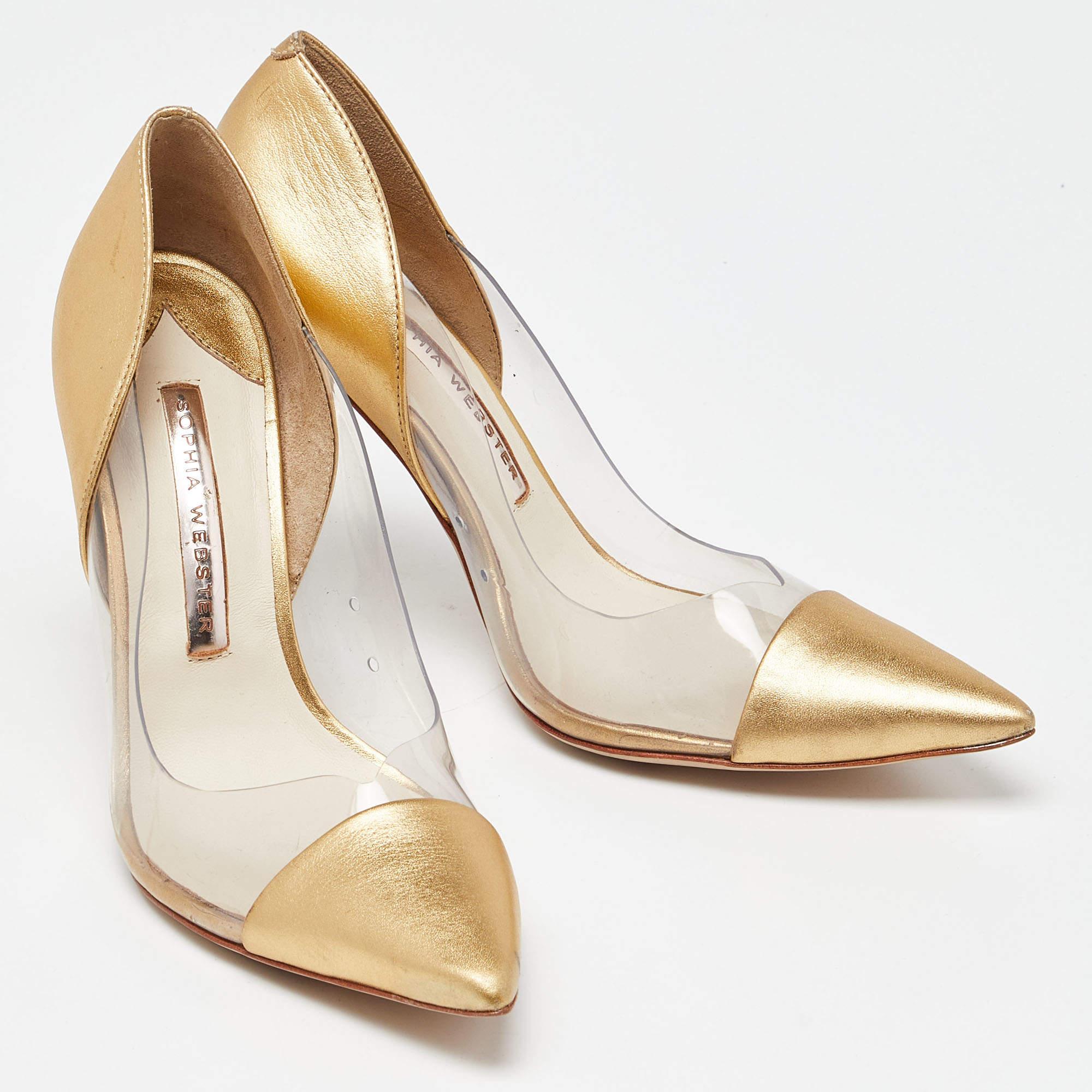 Women's Sophia Webster Gold/Transparent Leather and PVC Pointed Toe Pumps Size 38.5 For Sale