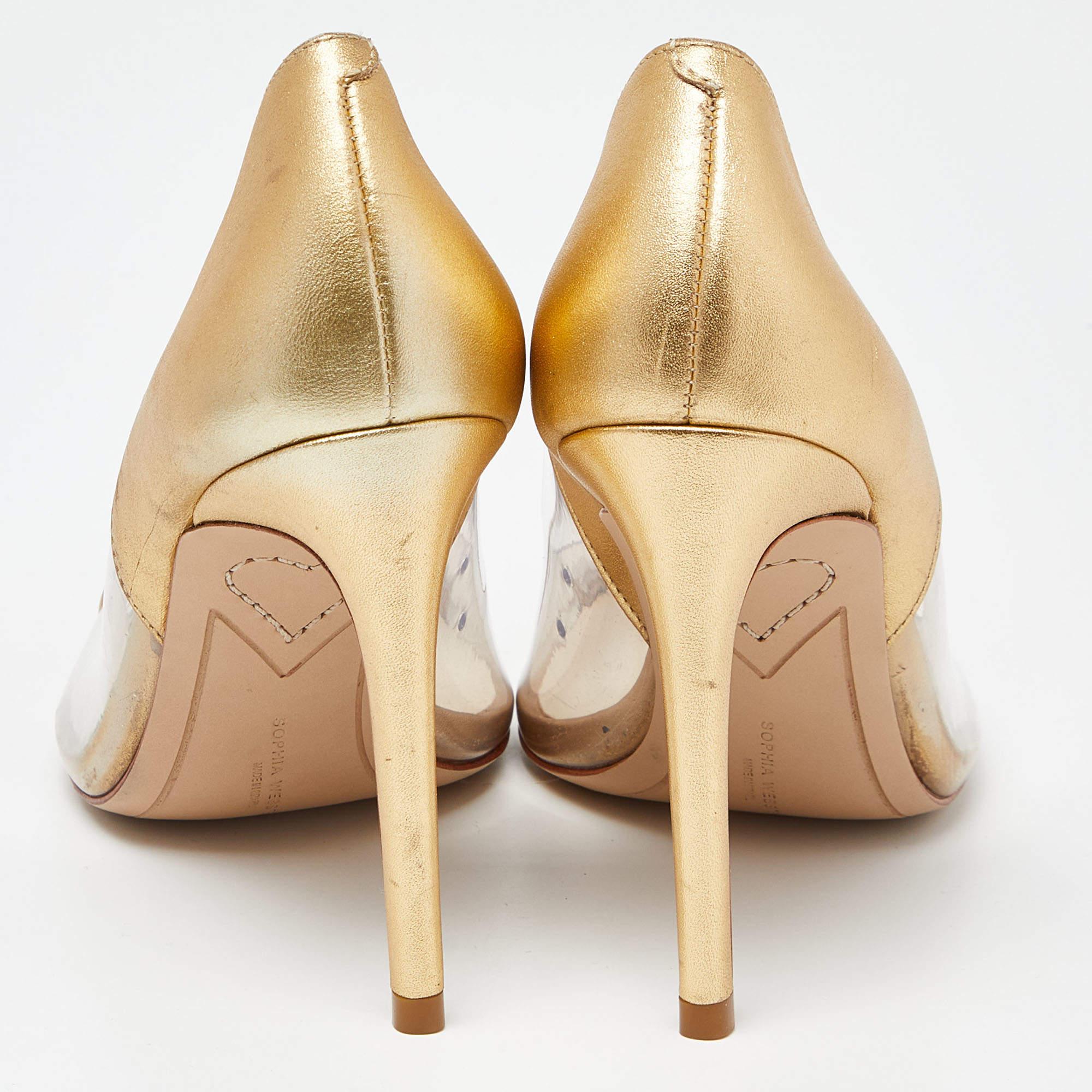 Sophia Webster Gold/Transparent Leather and PVC Pointed Toe Pumps Size 38.5 For Sale 1
