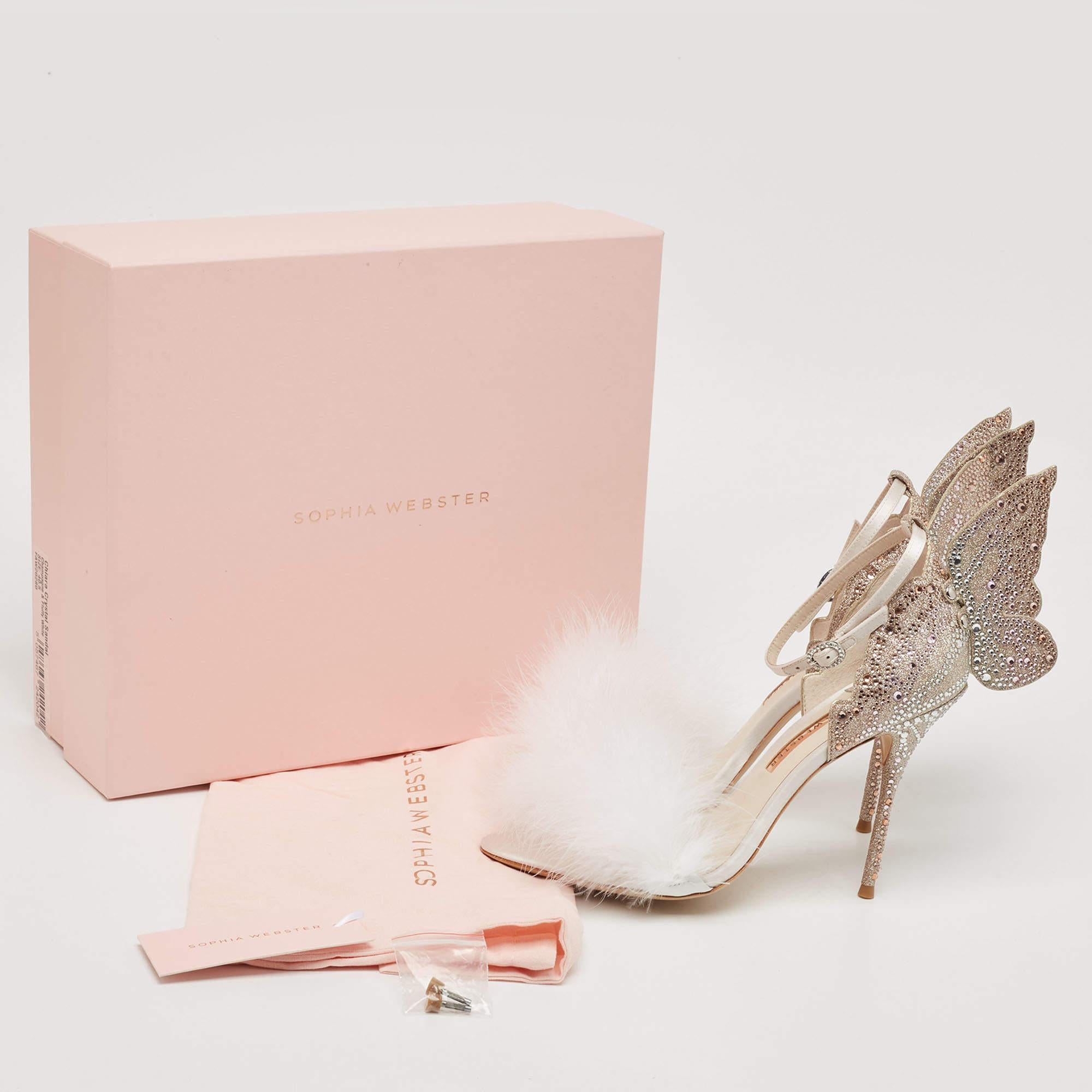 Sophia Webster Gold/White Satin and Feather Embellished Chiara Butterfly Ankle S 5