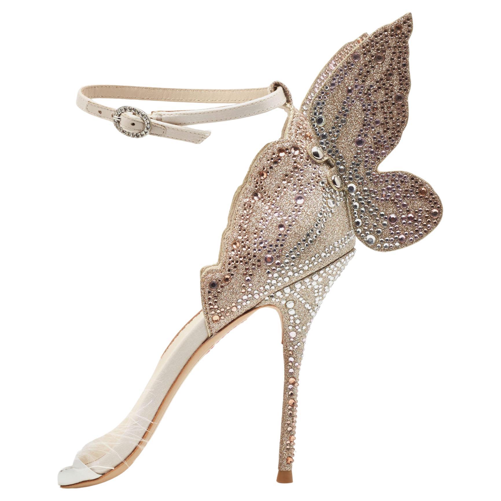 Sophia Webster Gold/White Satin and Feather Embellished Chiara Butterfly Ankle S For Sale