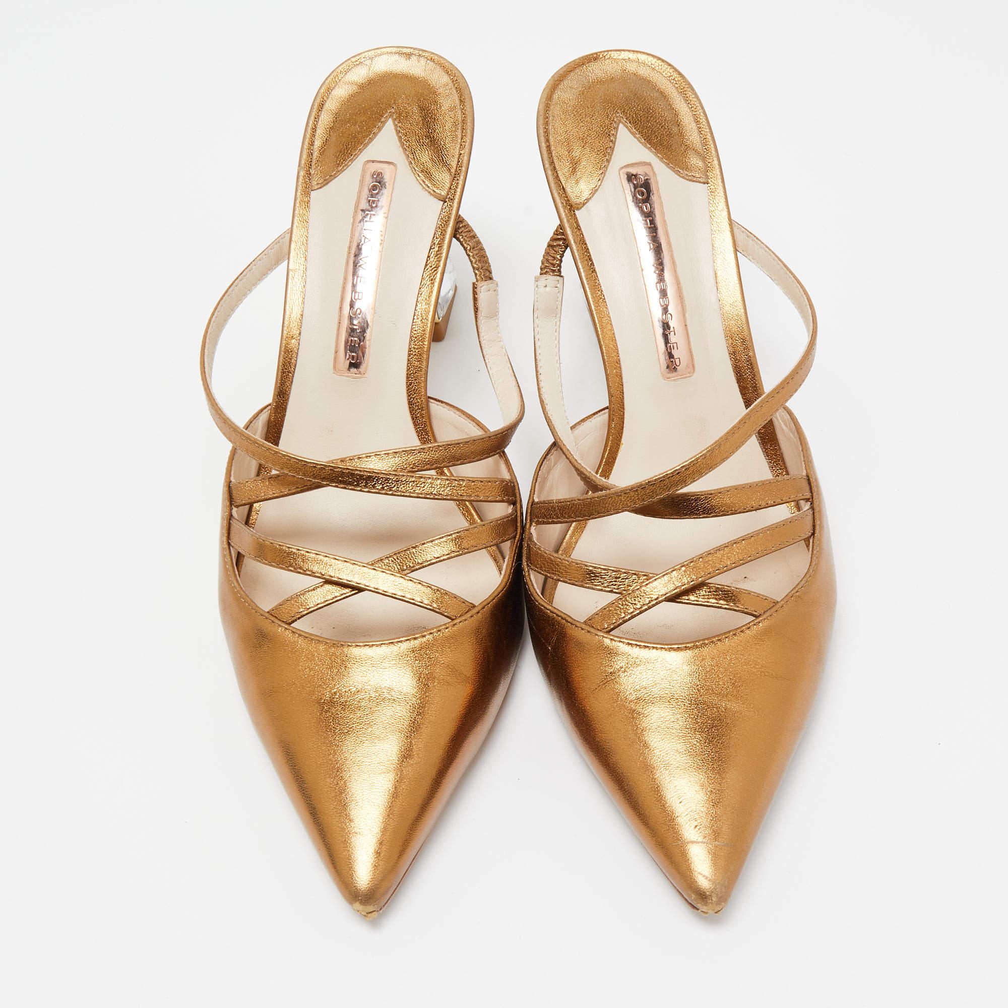 Brown Sophia Webster Metallic Gold Leather Pointed Mules Size 38.5 For Sale