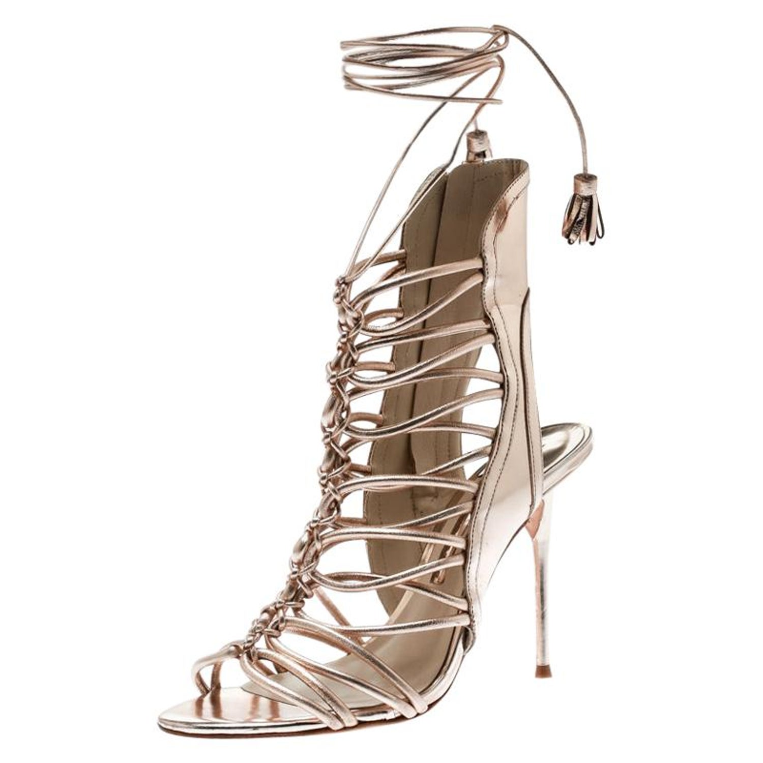 Sophia Webster Metallic Rose Gold Leather Lacey Tie Up Sandals Size 38 For  Sale at 1stDibs